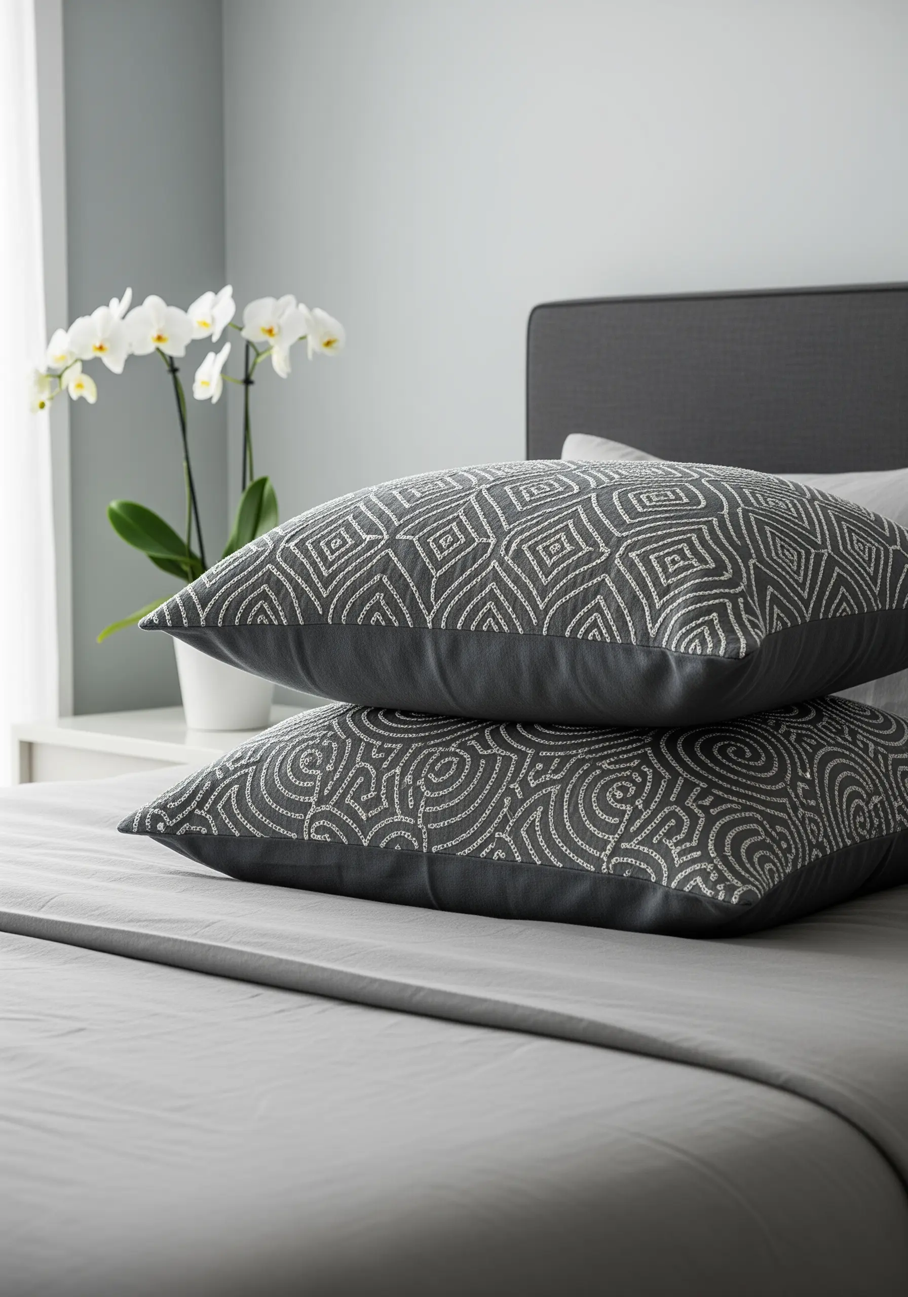 Grey pillows with white geometric running stitch patterns