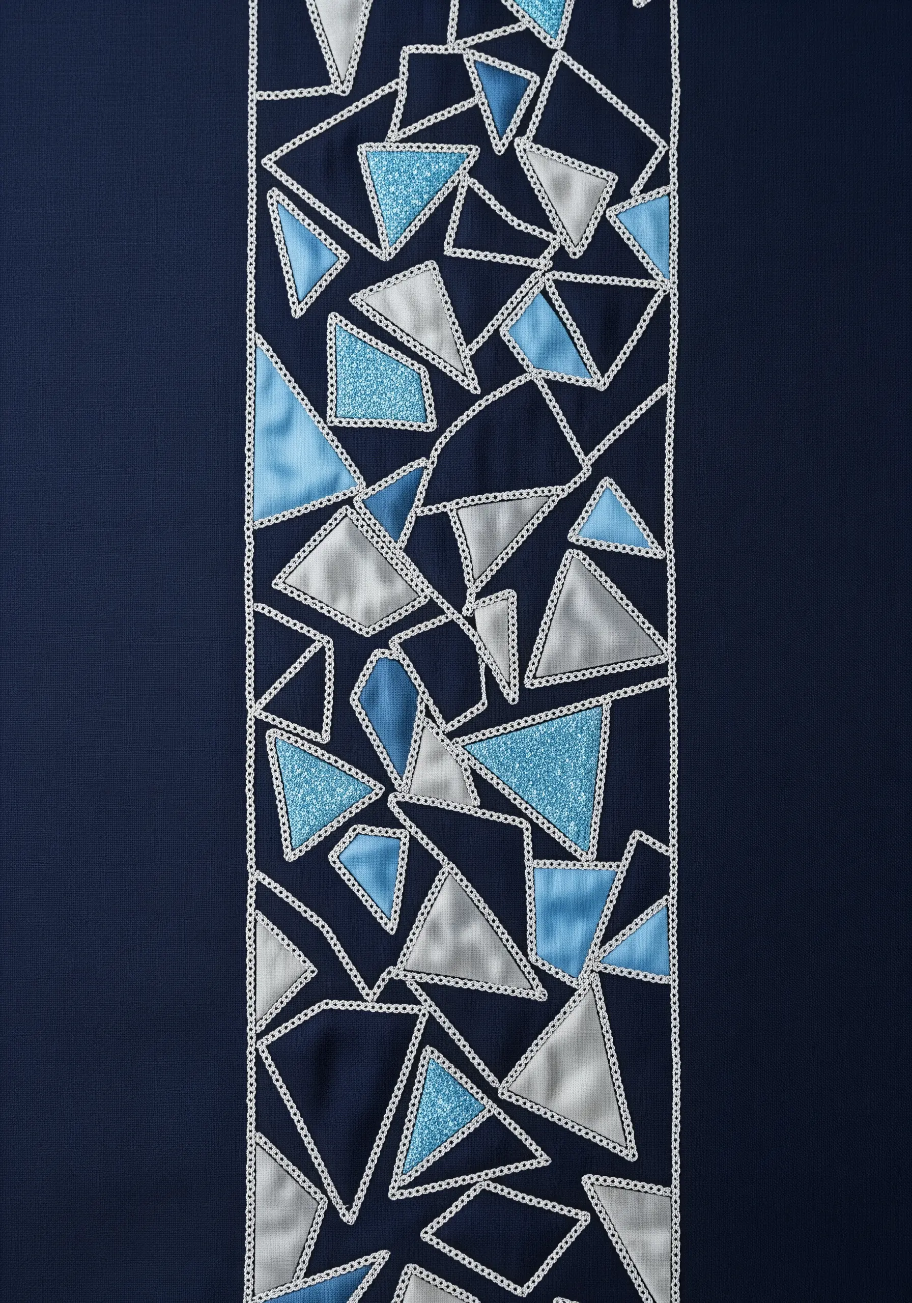 Abstract mosaic runner using blue, silver, and glitter appliqué with white outlines.