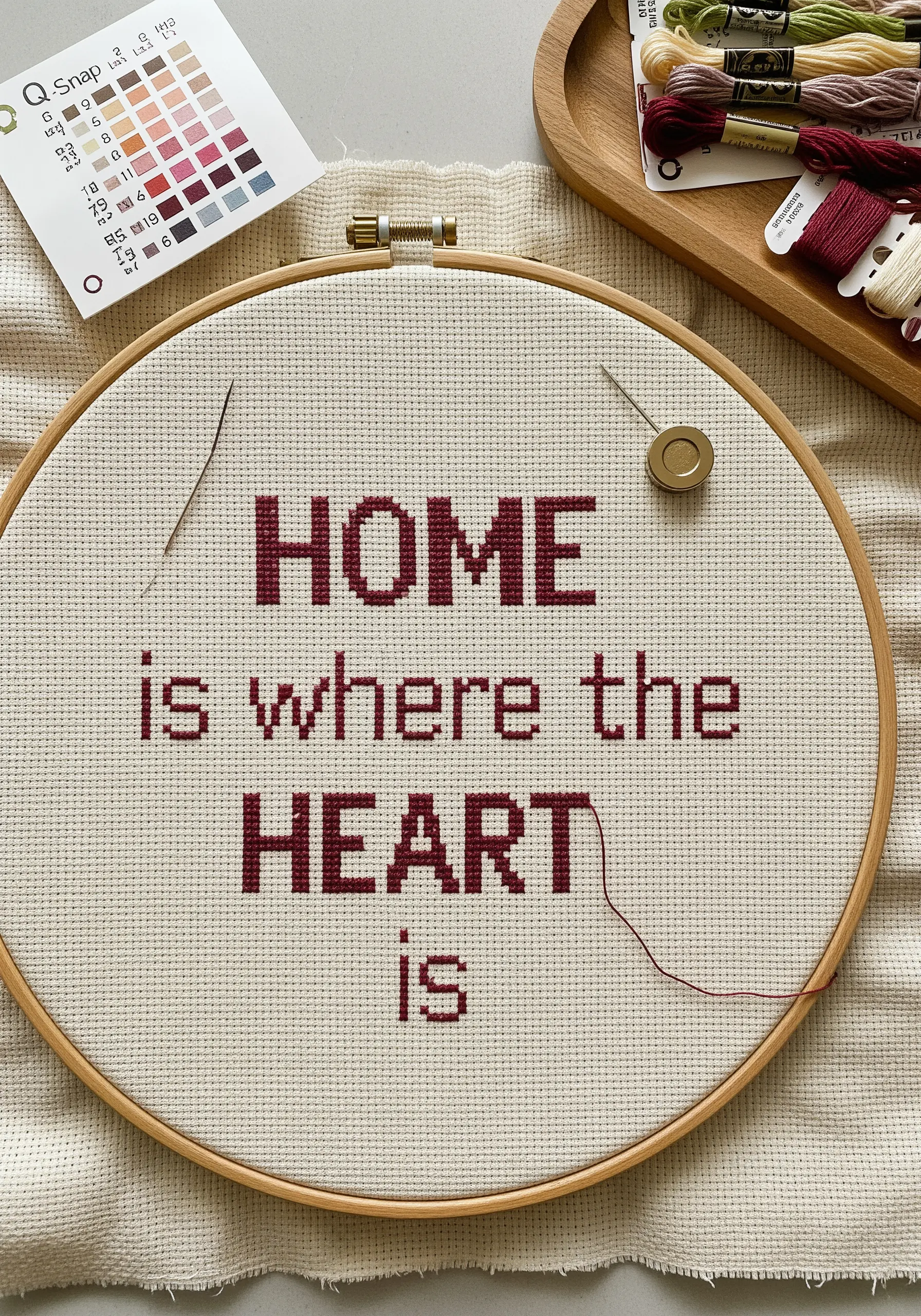 A cross-stitch project in an embroidery hoop with the quote 'Home is where the heart is'