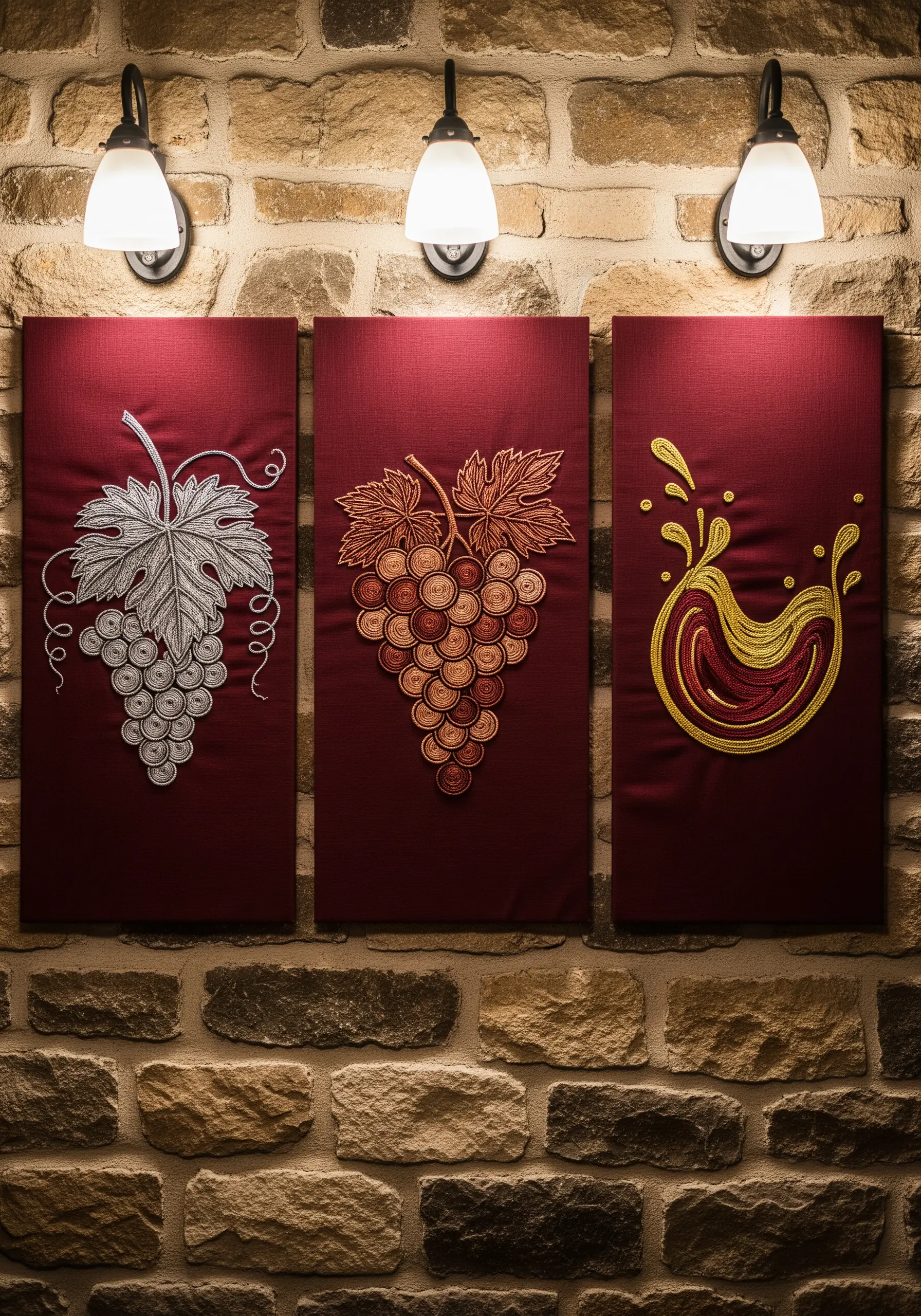 A triptych of embroidered grapes, each panel in a different metallic color: silver, copper, and gold.