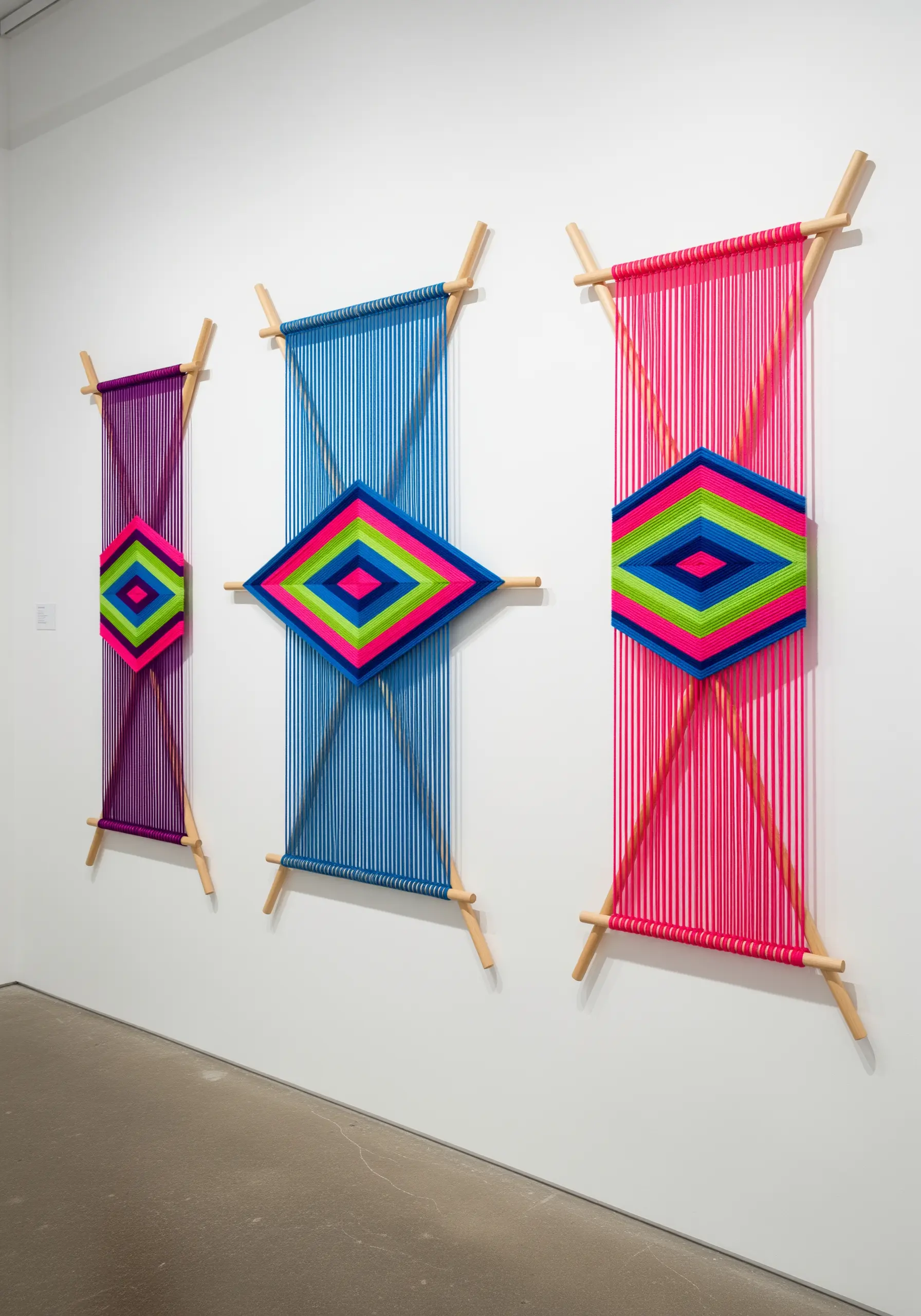 Three vibrant, neon-colored yarn weavings in a modern Ojo de Dios style on a gallery wall.