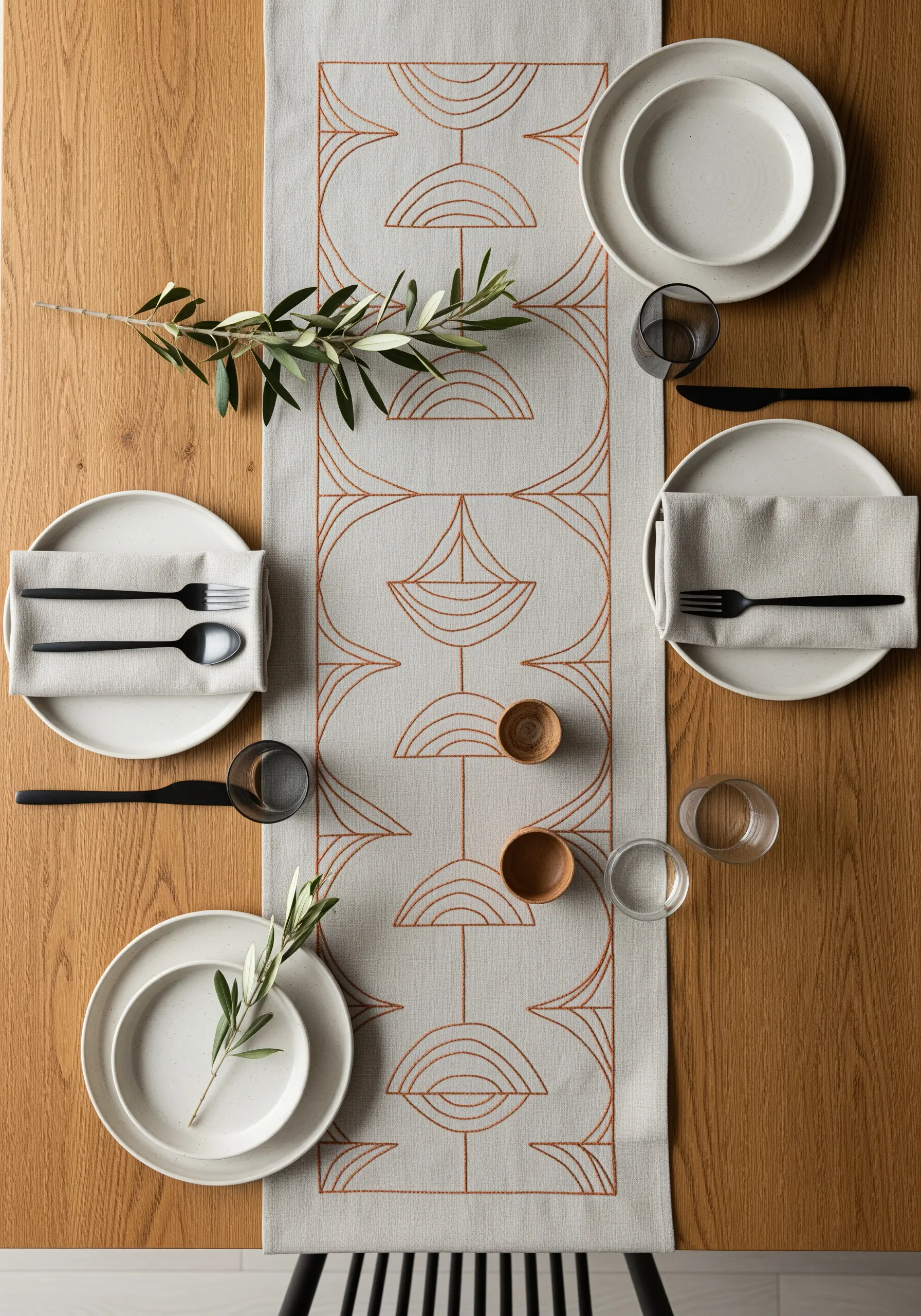 Minimalist geometric pattern embroidered in terracotta thread on a linen table runner.