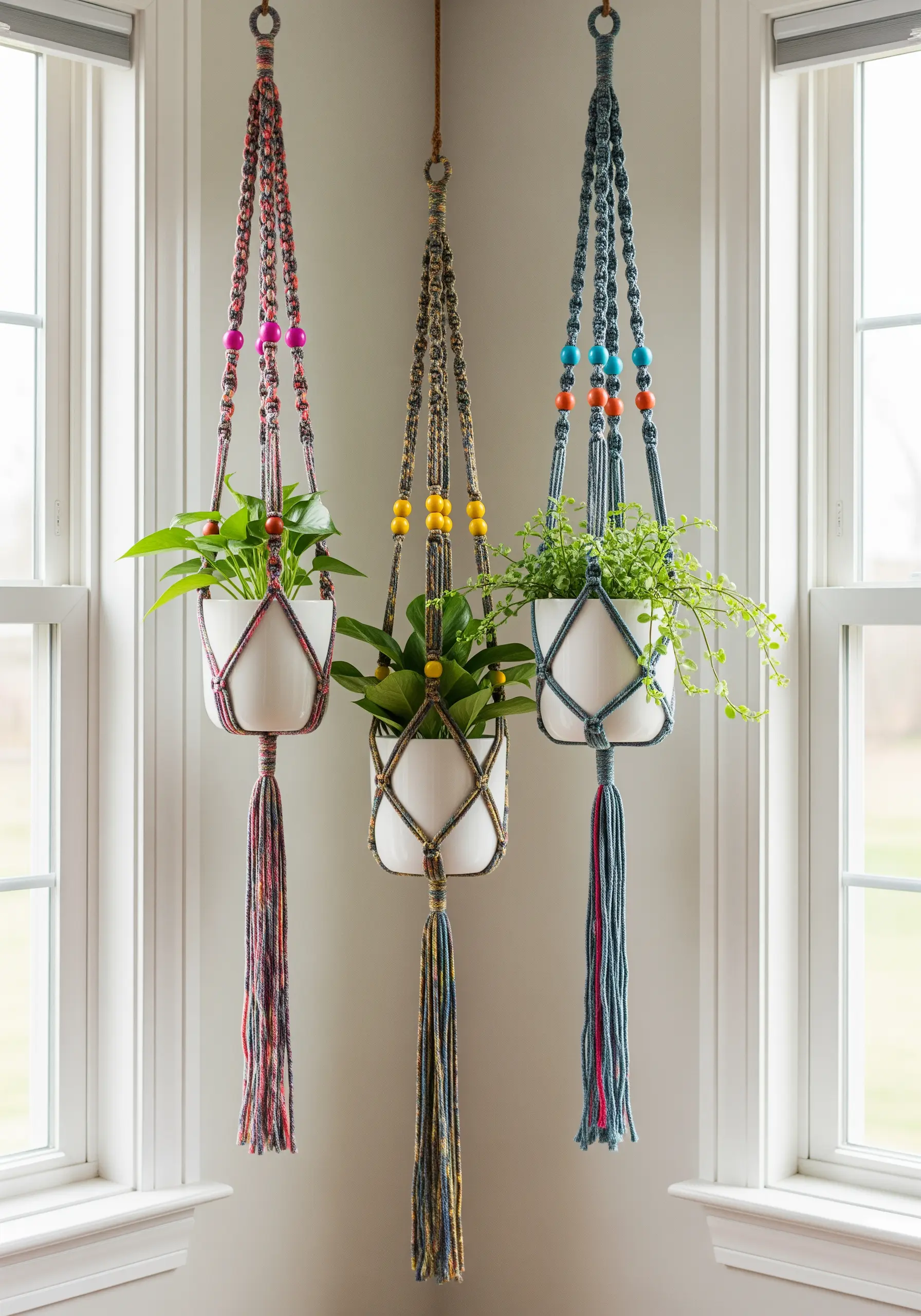 Three macrame plant hangers decorated with colorful beads and sections of wrapped thread.