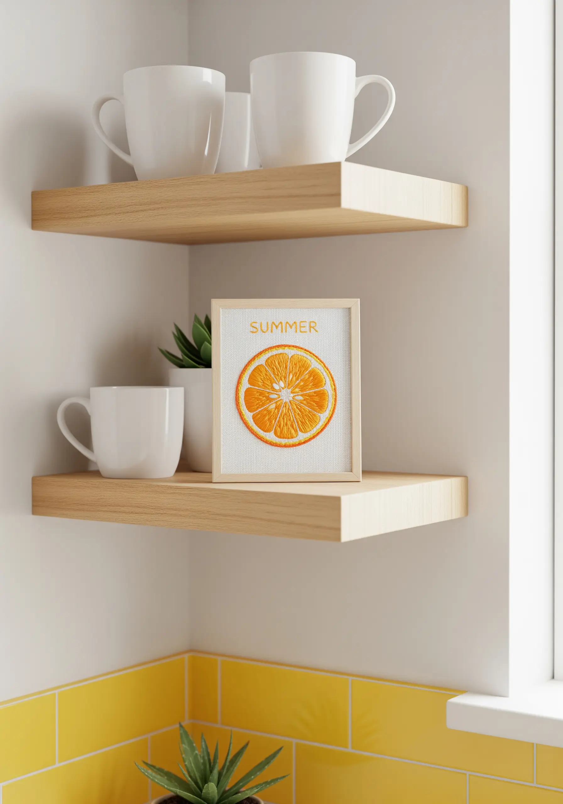 A square-framed embroidery of a vibrant orange slice sitting on a minimalist wooden shelf.