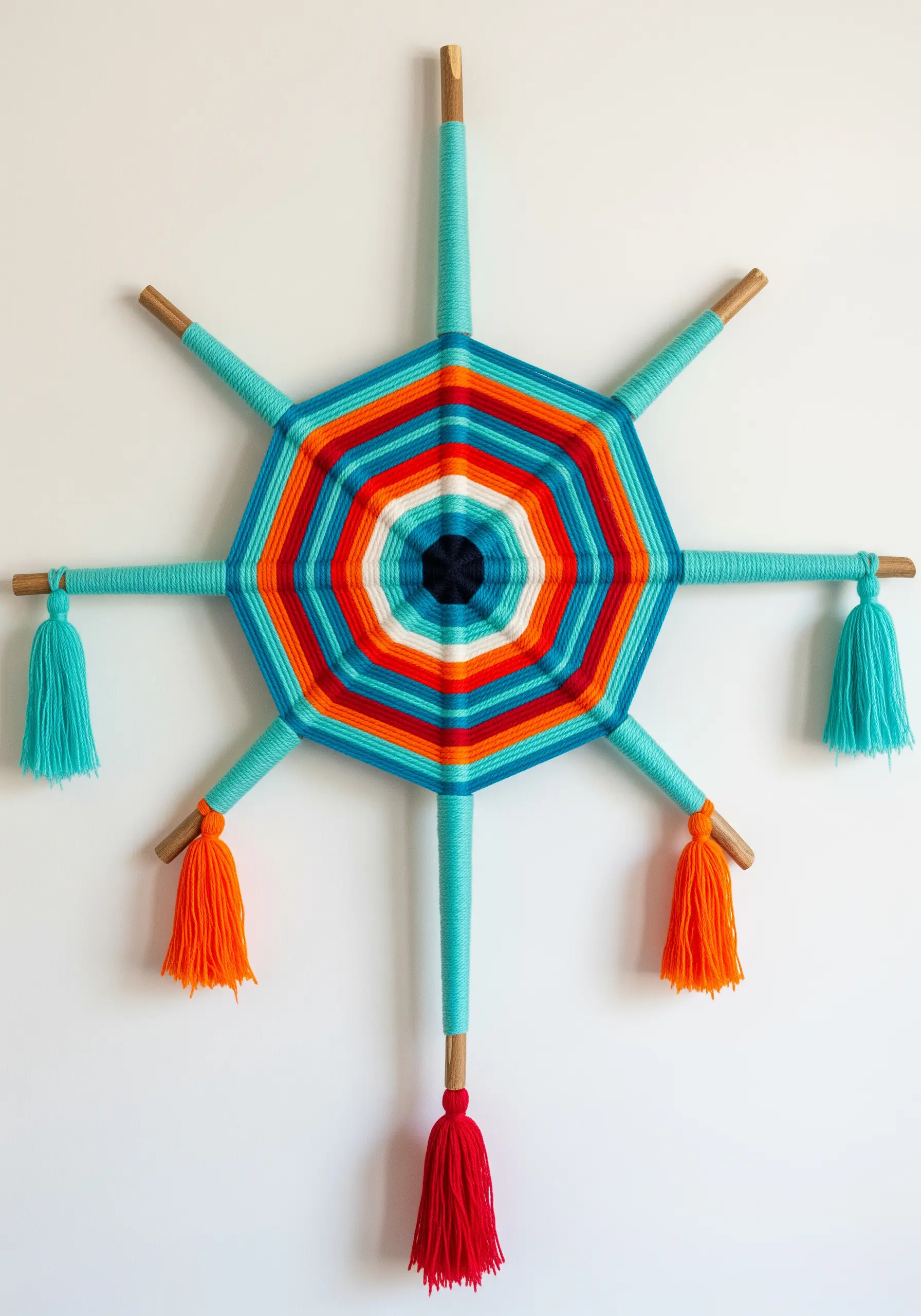 A modern Ojo de Dios weaving with bright turquoise, orange, and red yarn and tassels.
