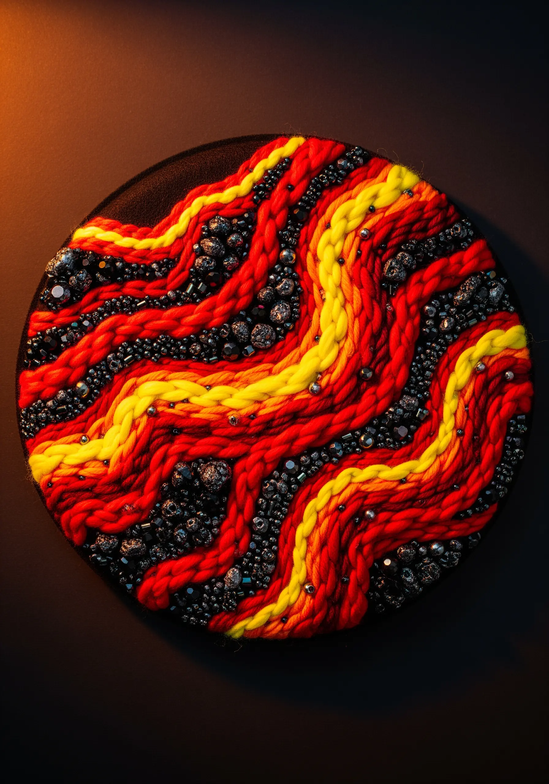 Abstract circular embroidery depicting lava flow with red and yellow yarn and black textured beads.
