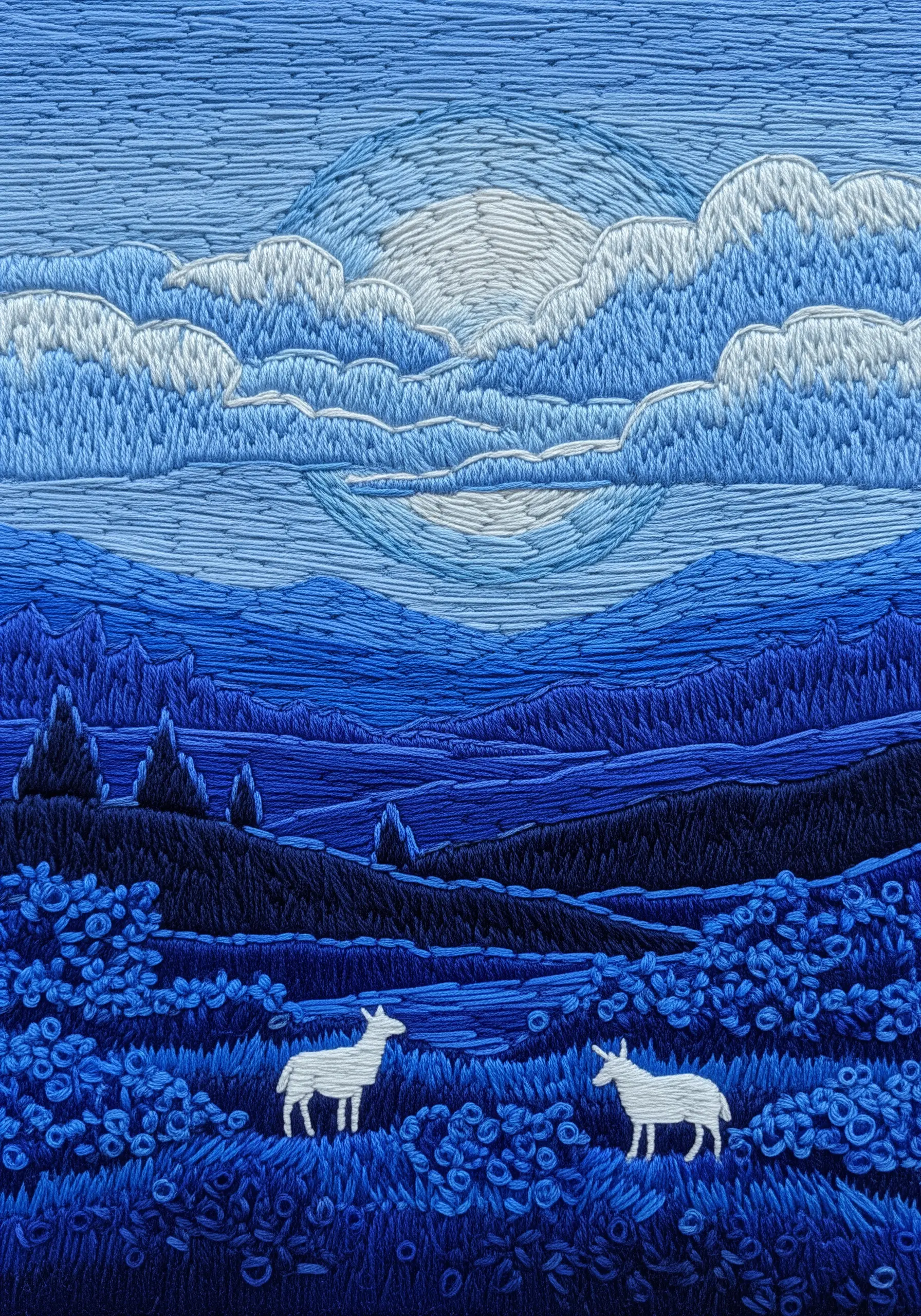 Monochromatic blue embroidery of sheep in a night landscape
