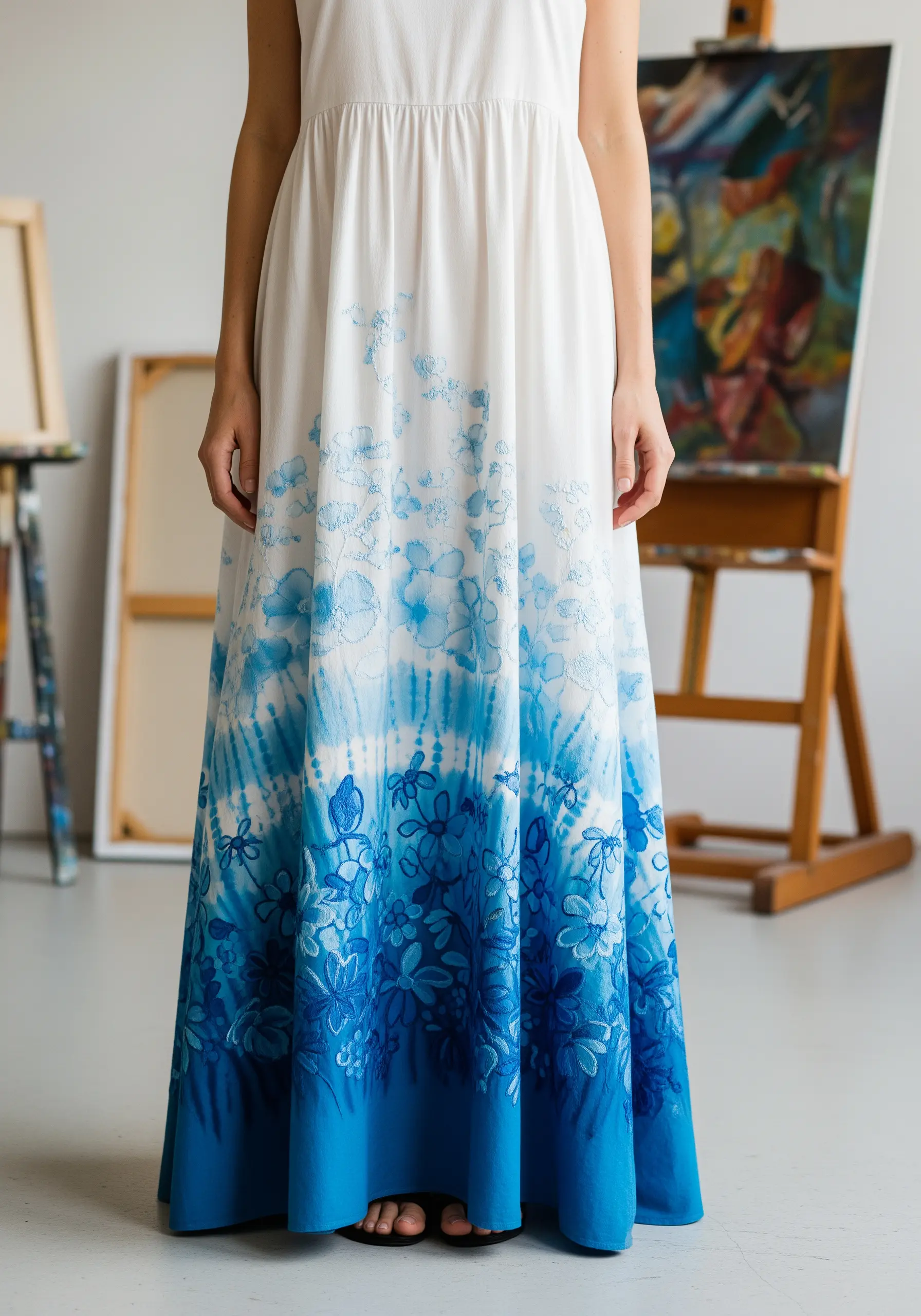 Blue and white tie-dye dress with matching blue floral embroidery overlay