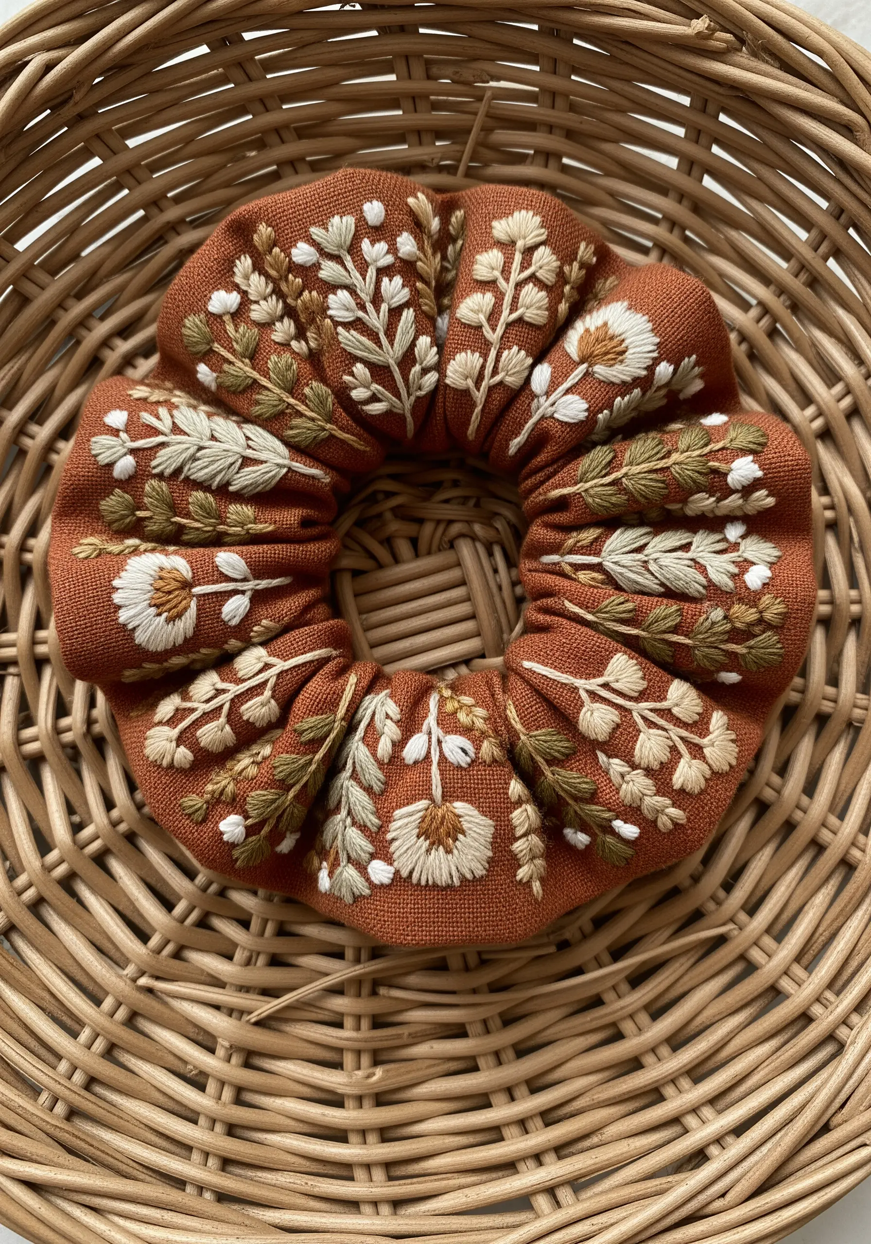 White botanical silhouette embroidery on rust scrunchie