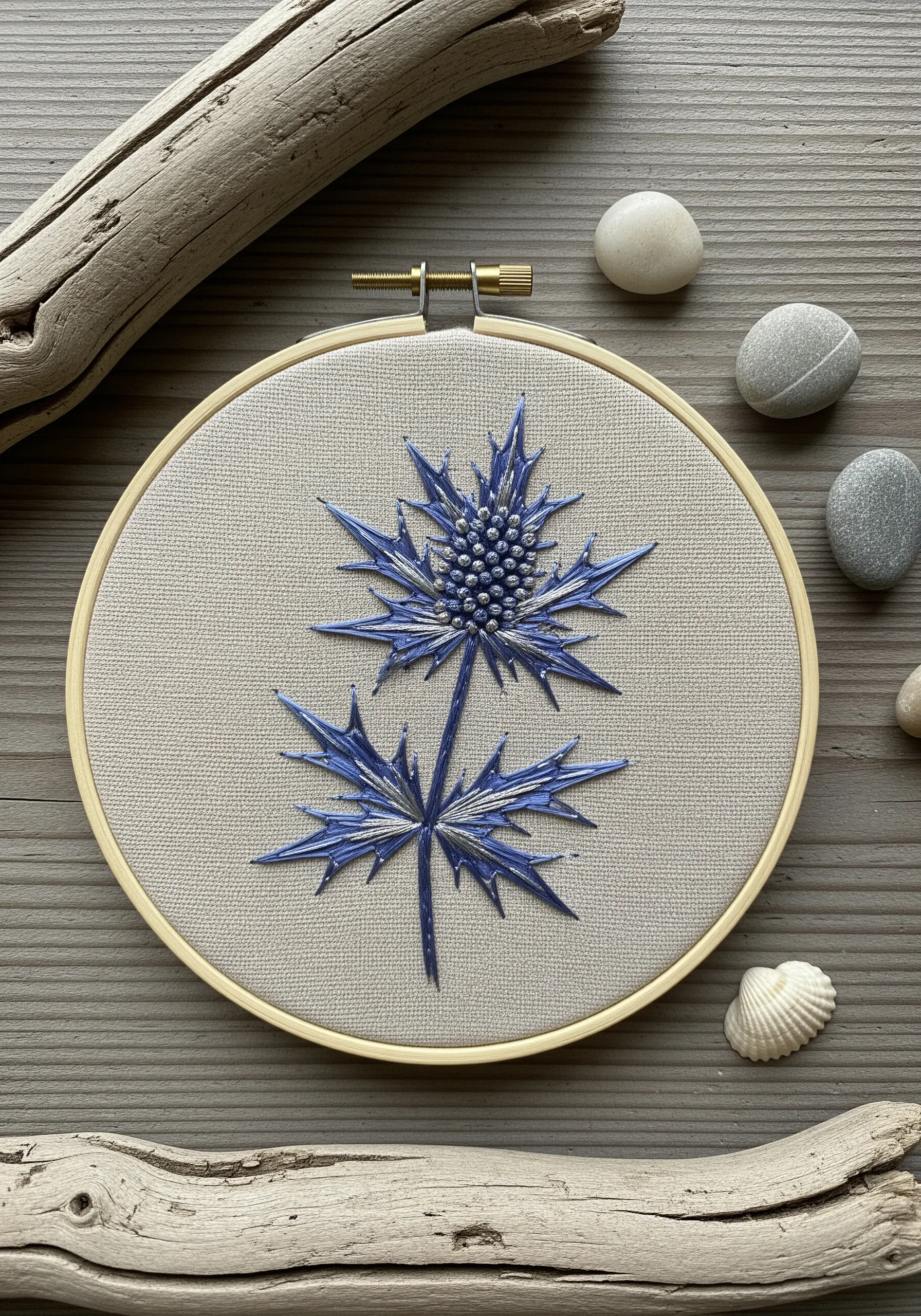 Blue sea holly embroidered with long straight stitches and a central cluster of French knots.