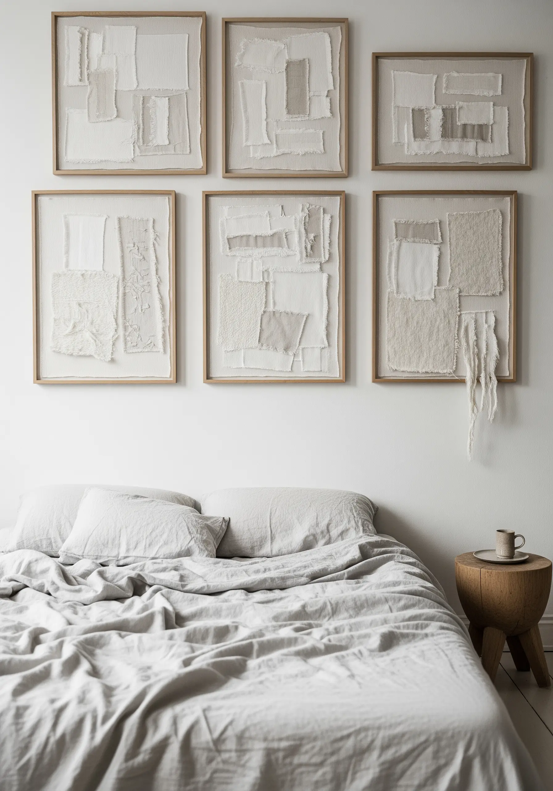 Minimalist beige fabric collage with frayed edges