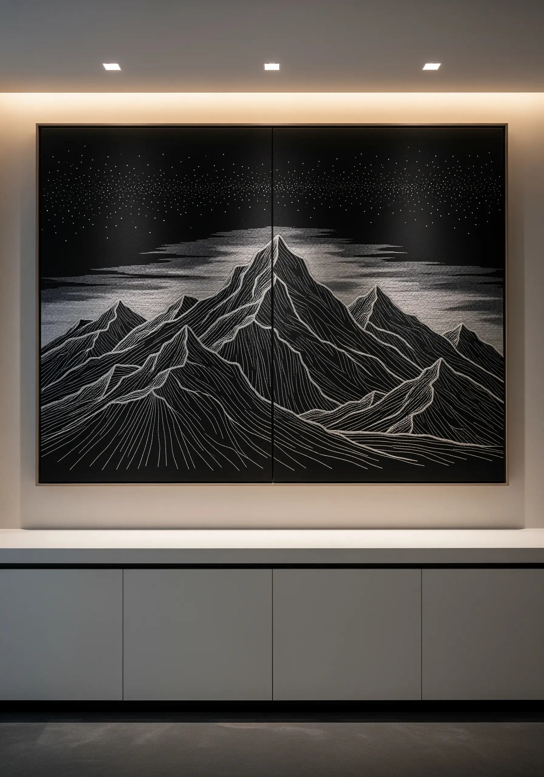 A two-panel artwork of a mountain range embroidered with silver thread on a black background.