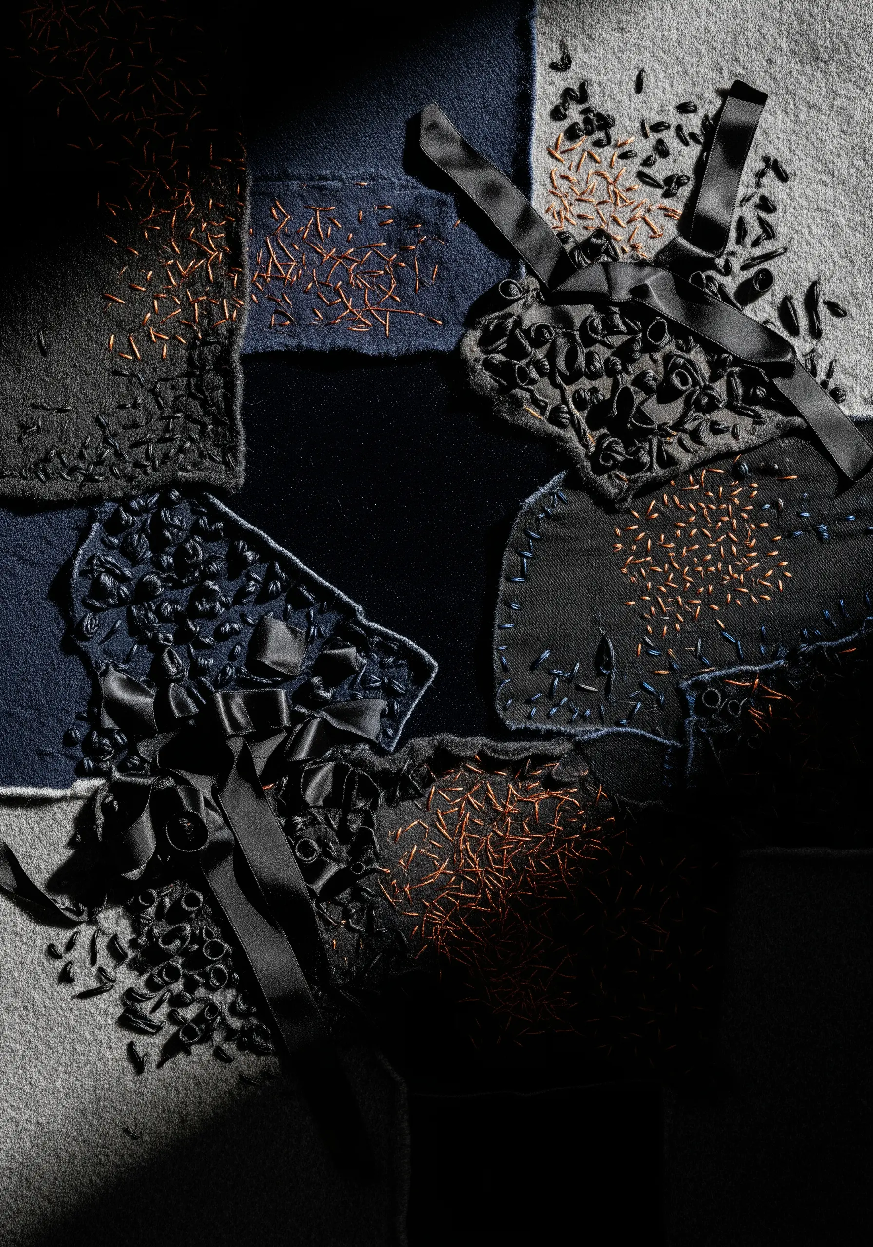 Dark, moody patchwork of navy and gray fabrics with scattered copper seed stitches and black ribbons.