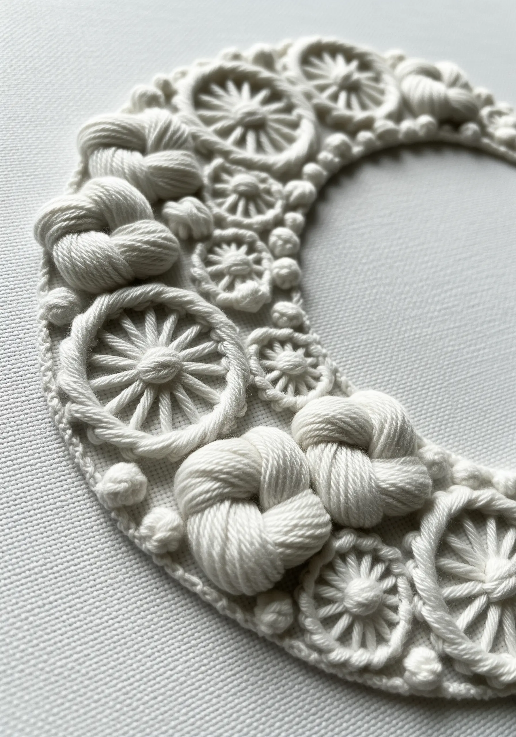 White embroidery knots and texture on white fabric