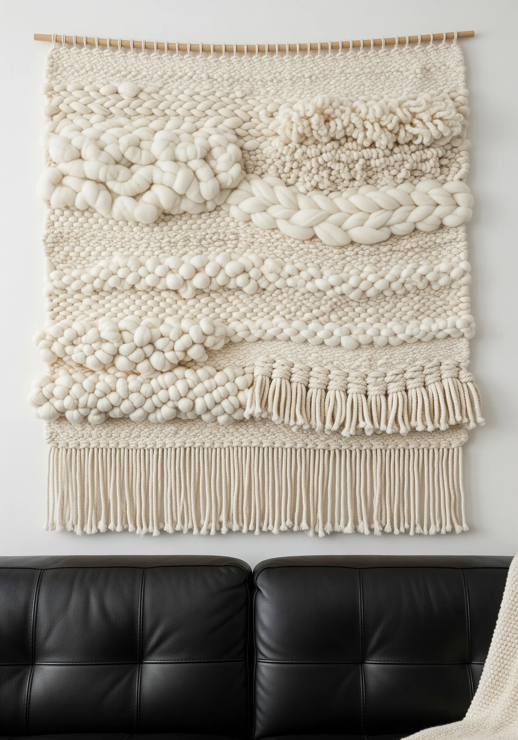 A large, textured woven wall hanging made entirely with cream-colored chunky yarn and roving.