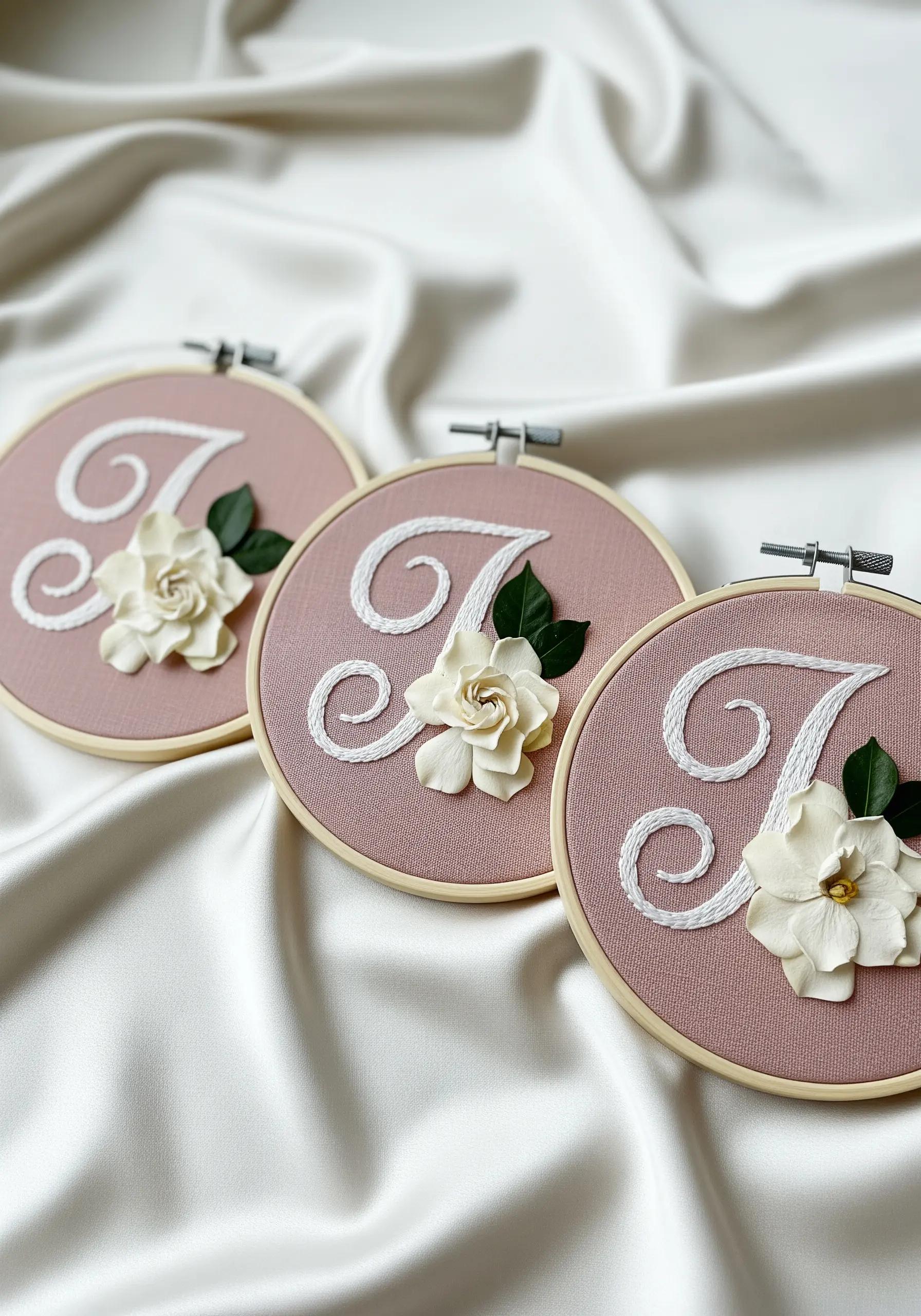Three pink embroidery hoops with a white satin-stitched monogram 'T' and a preserved white flower.