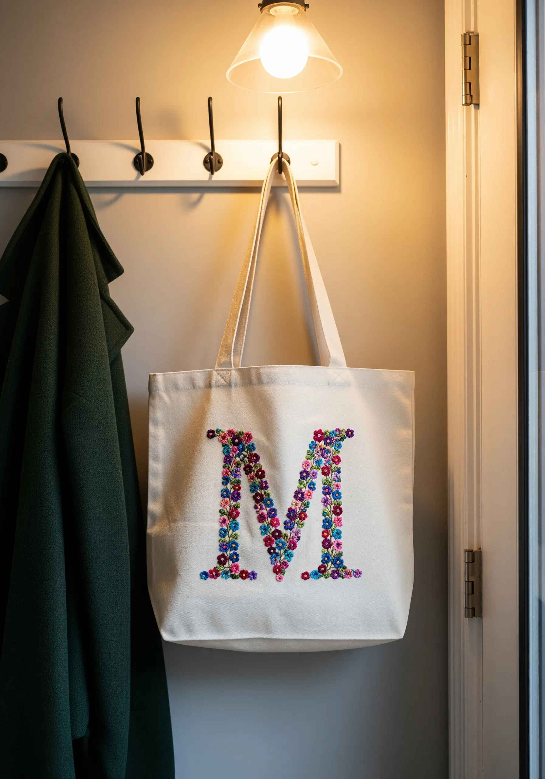 A canvas tote bag with a large letter 'M' filled with colorful embroidered flowers.