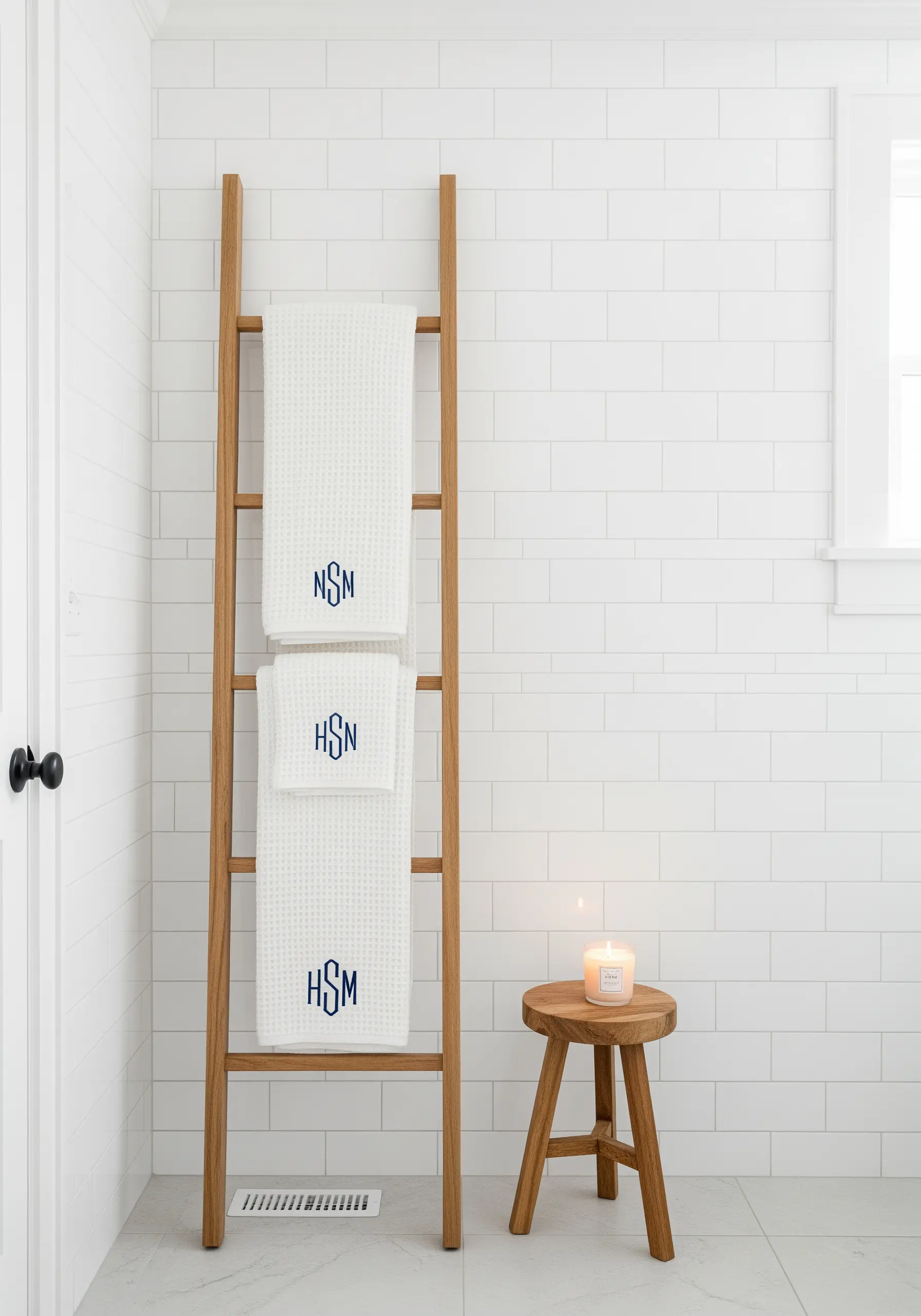 White waffle towels with navy blue monogram embroidery