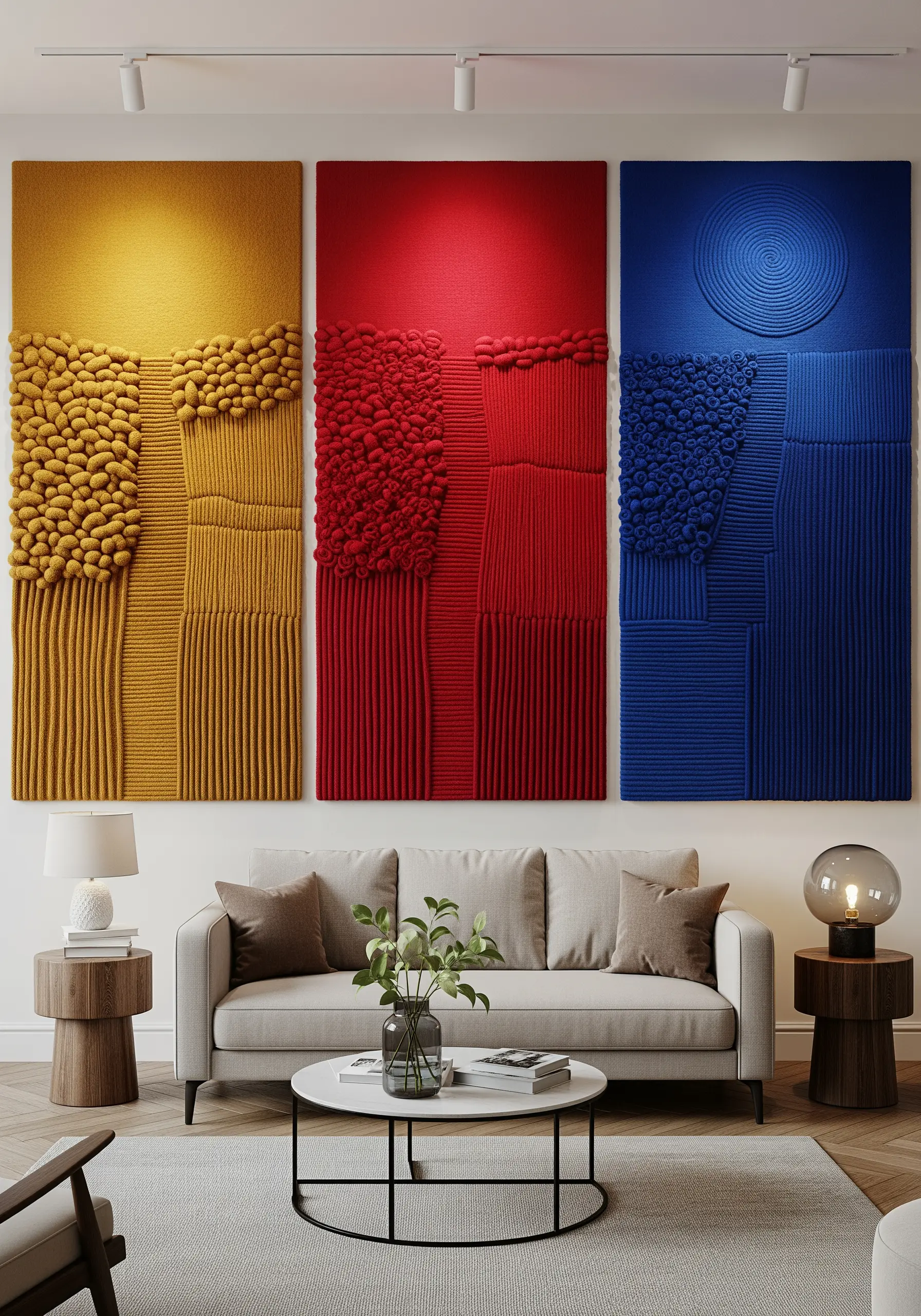 A triptych of large yellow, red, and blue textured fiber art panels on a living room wall.