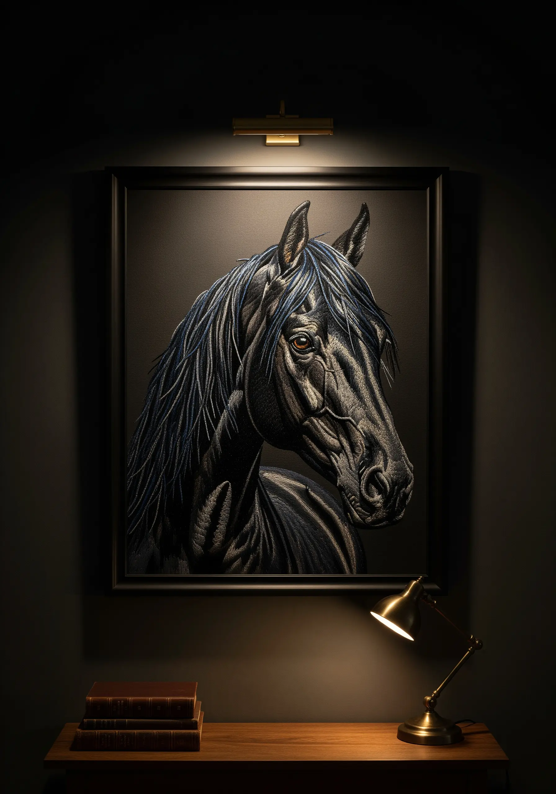 A dramatic embroidered portrait of a black horse on dark fabric.