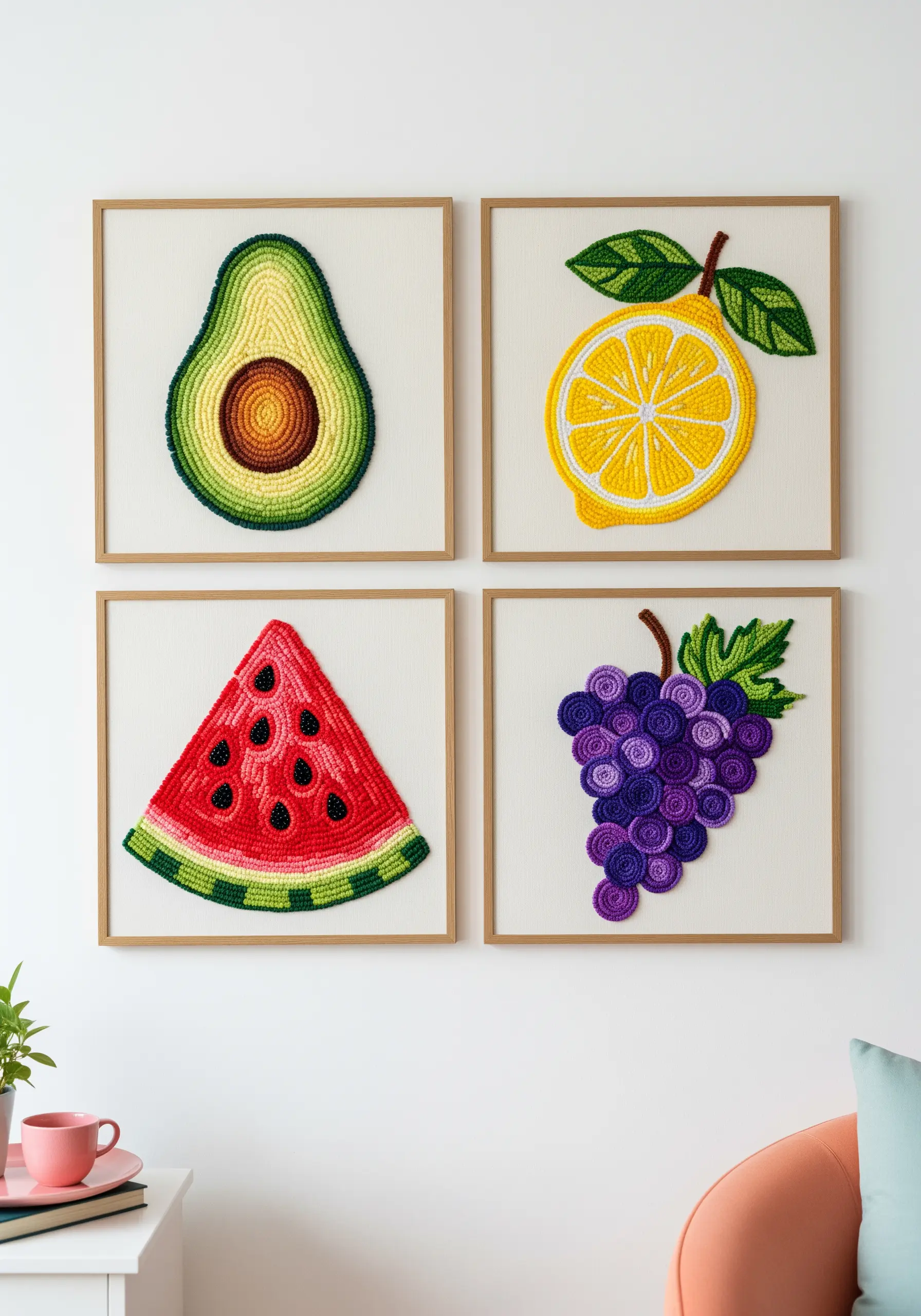 A set of four framed art pieces, each with a crocheted fruit appliqué: avocado, lemon, watermelon, and grapes.