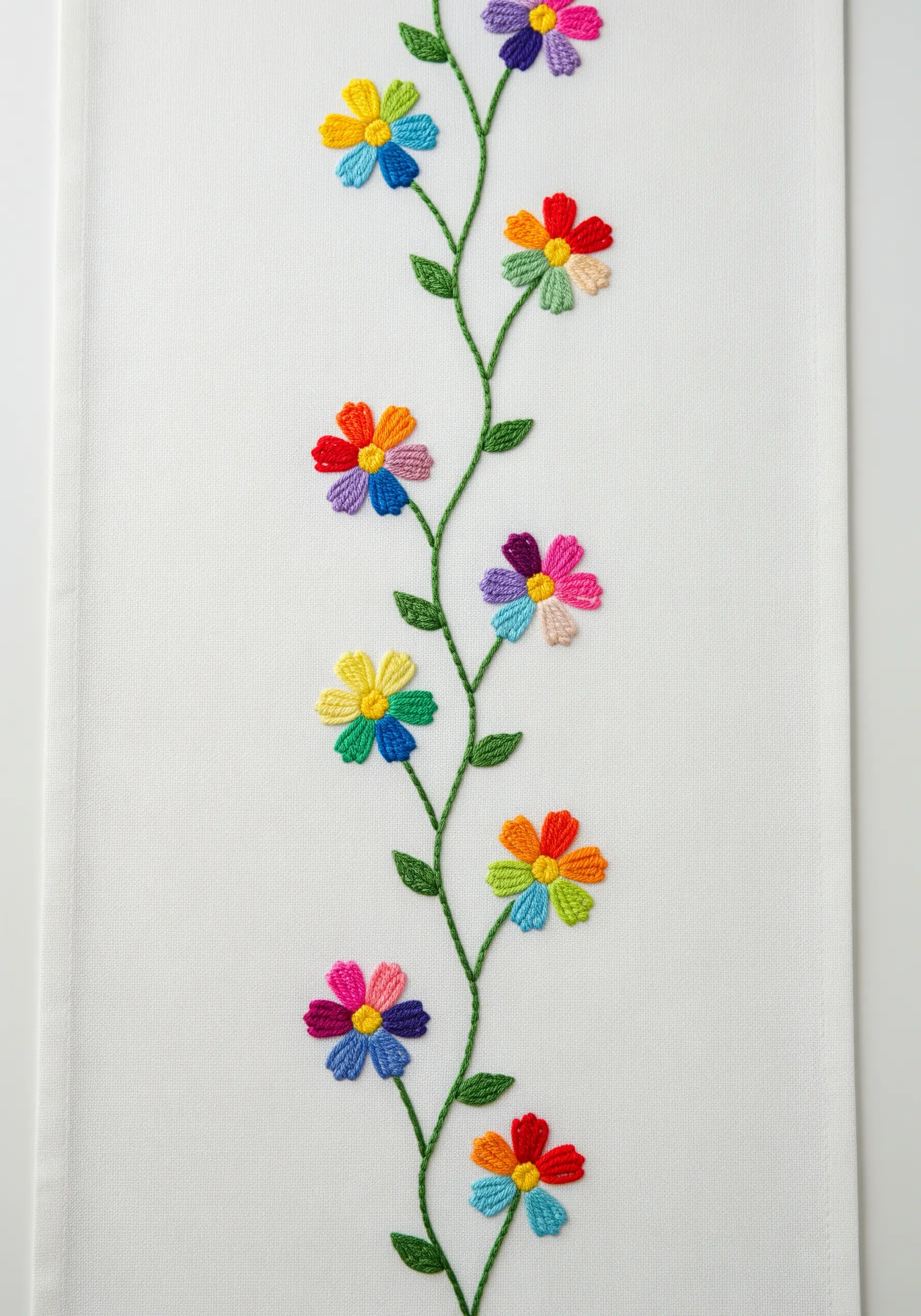 A climbing vine with flowers, each petal stitched in a different rainbow color.