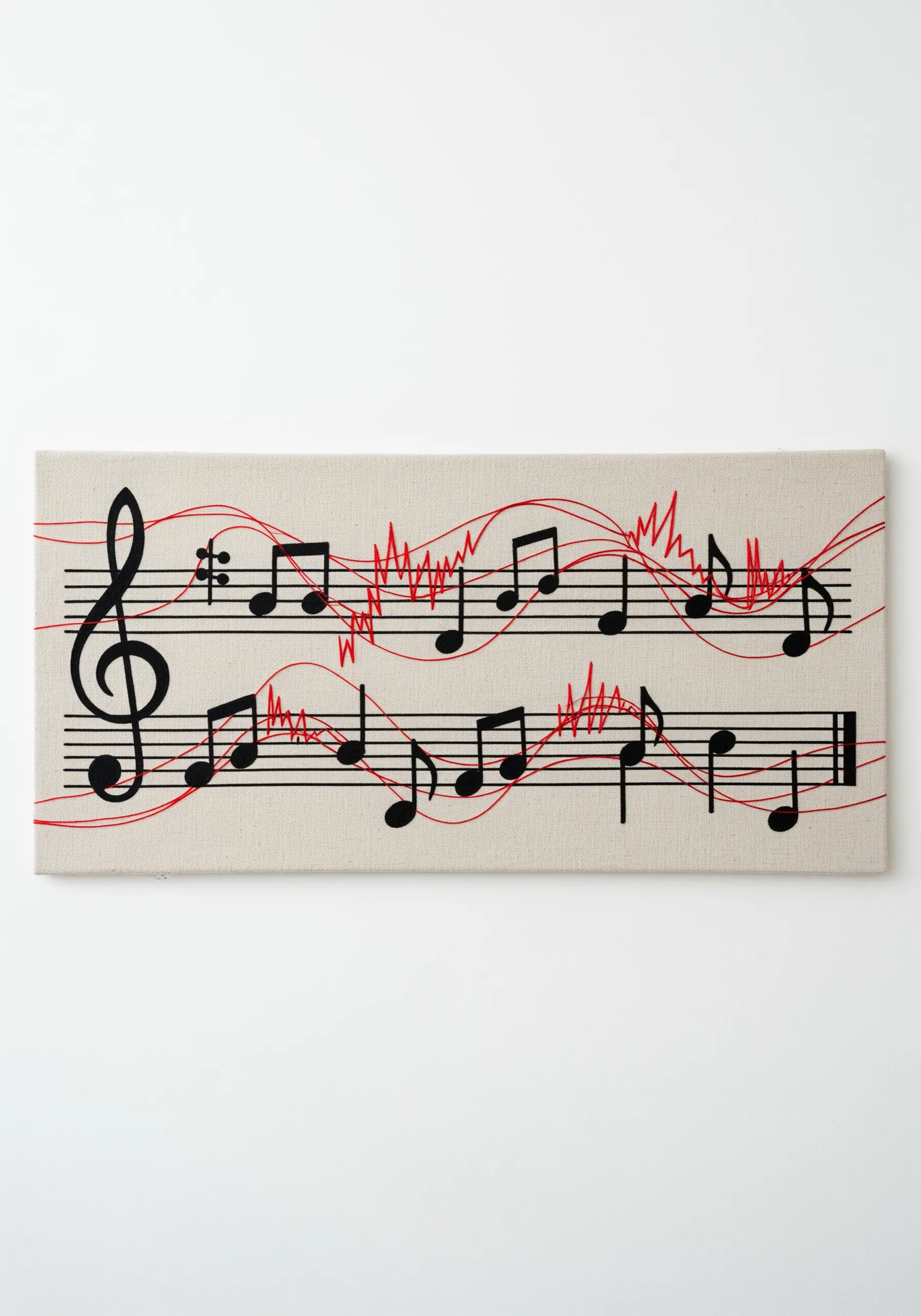 A canvas with appliquéd musical notes and expressive, jagged red thread embroidery.