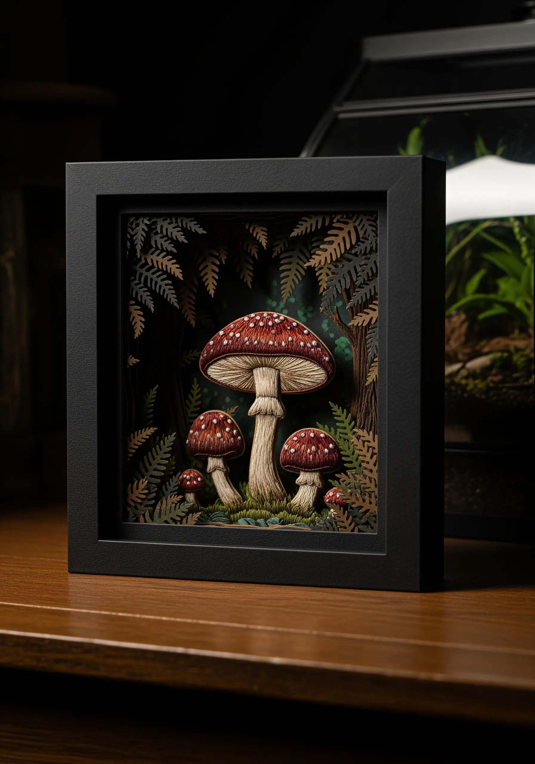 An embroidered mushroom trio set within a deep, layered papercut forest shadowbox.