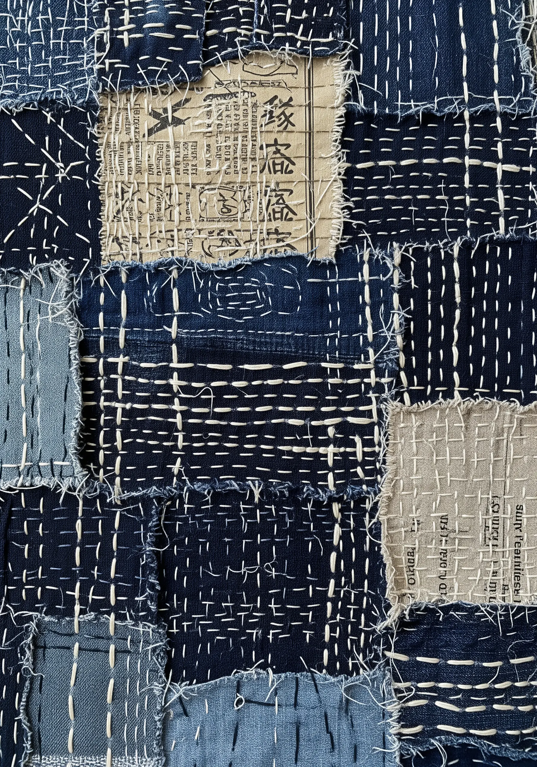 Boro-inspired patchwork with sashiko running stitches on layered denim and paper.