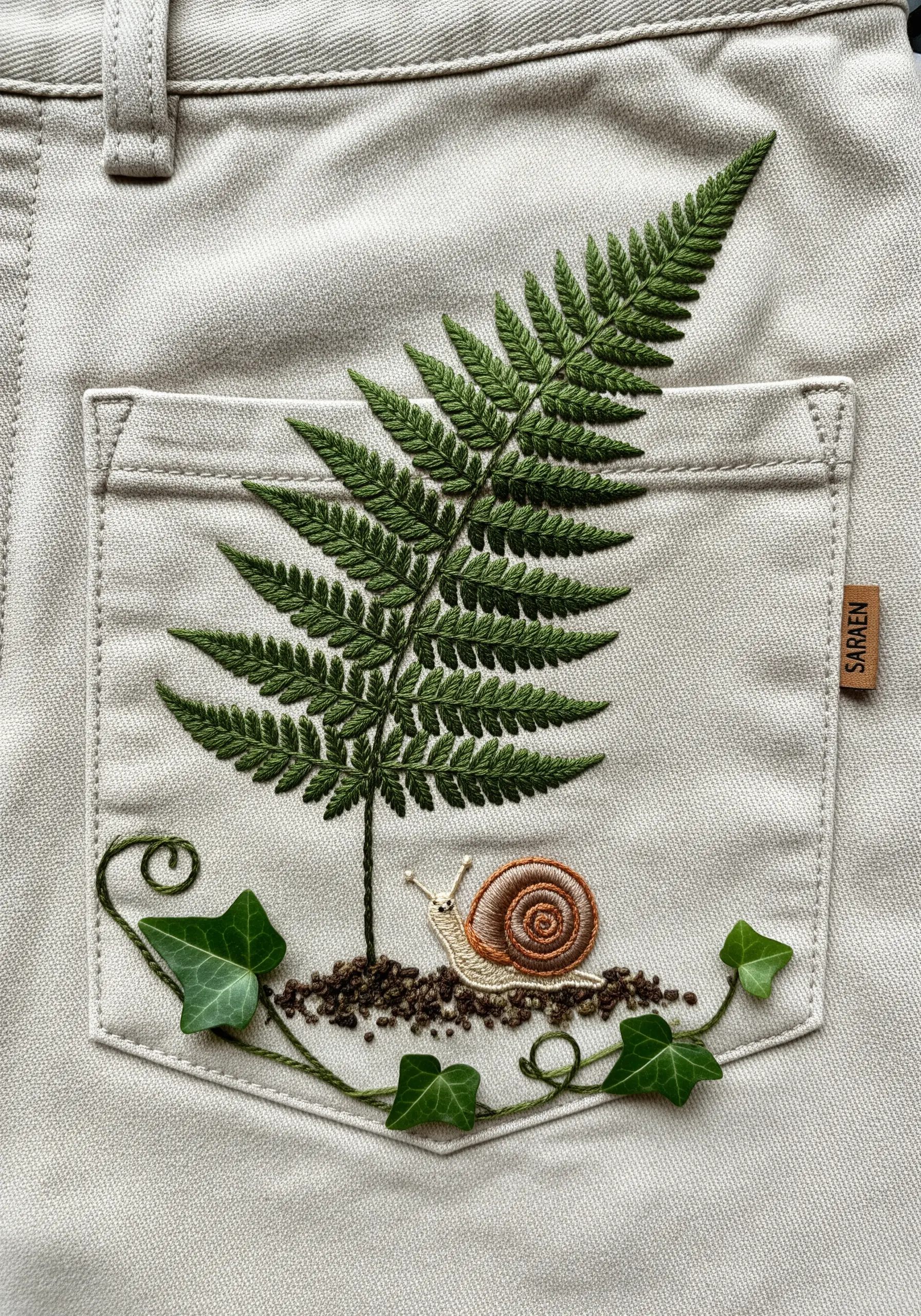 Embroidery on a pants pocket depicting a fern, a snail, and 3D ivy leaves.