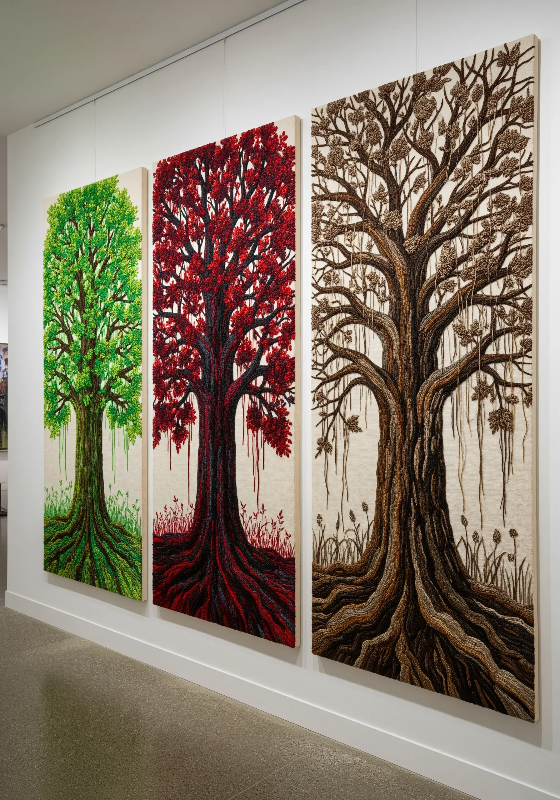 A triptych of large embroidered panels, each showing a tree in a different color: green, red, brown.