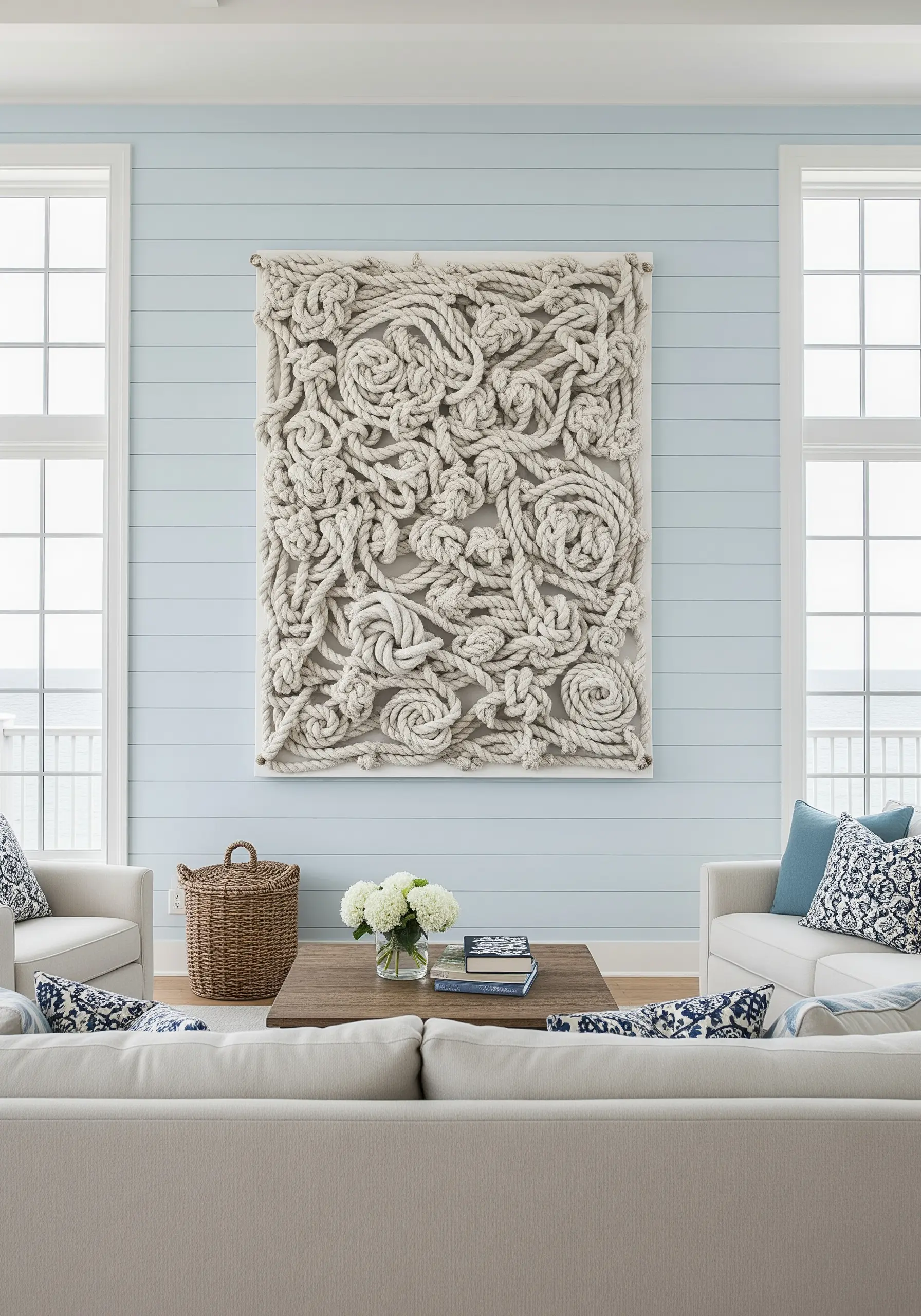 A large wall art piece made of thick, knotted and coiled white nautical rope.
