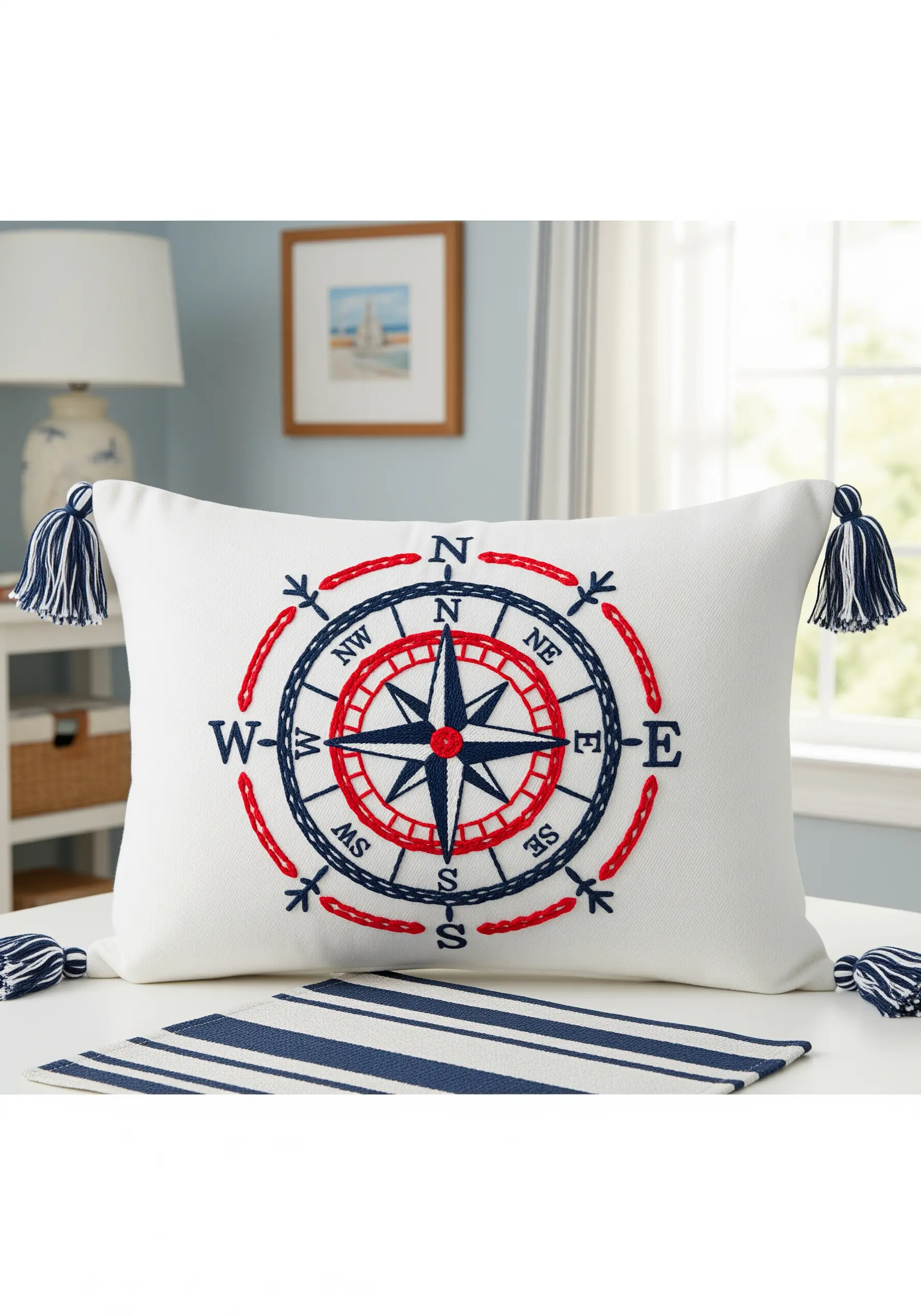 A nautical compass rose mandala in red, white, and blue on a pillow, with tassels.
