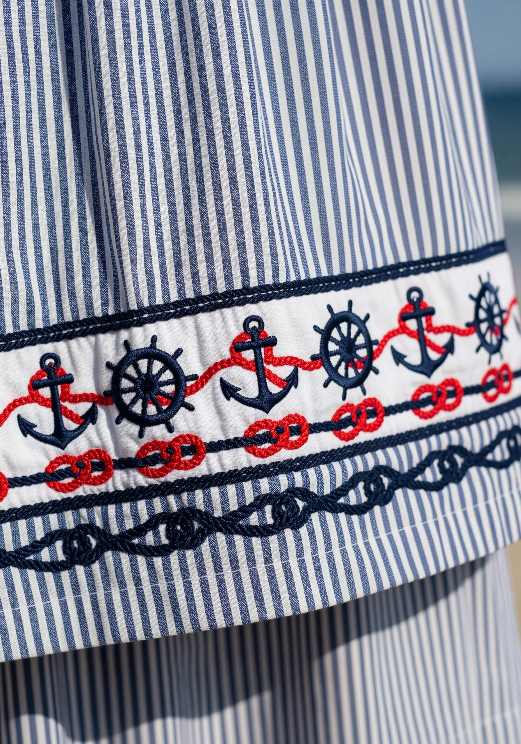 Striped blue and white dress with embroidered red anchors and rope