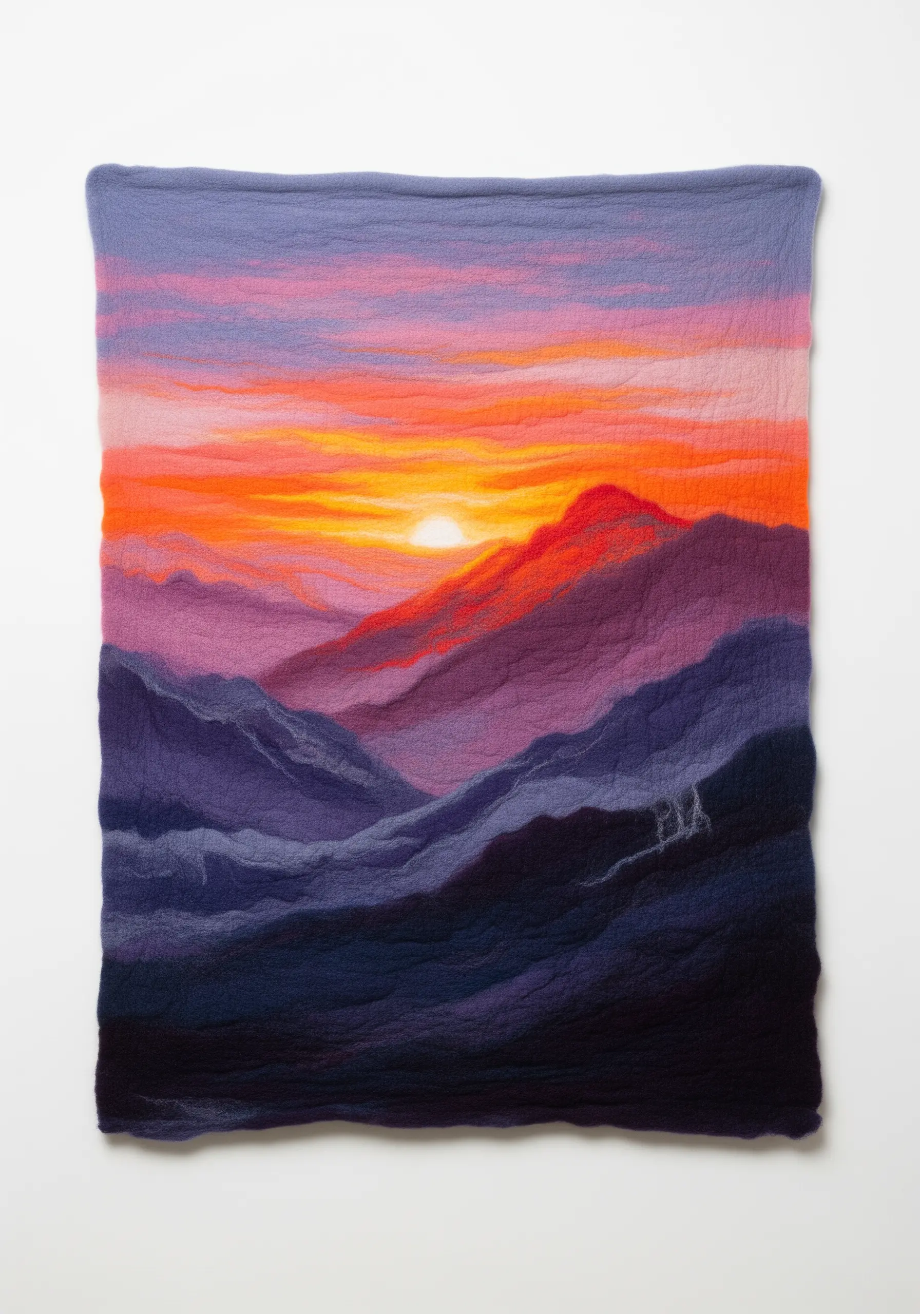 Needle-felted wall hanging depicting a vibrant mountain sunset with blended colors.