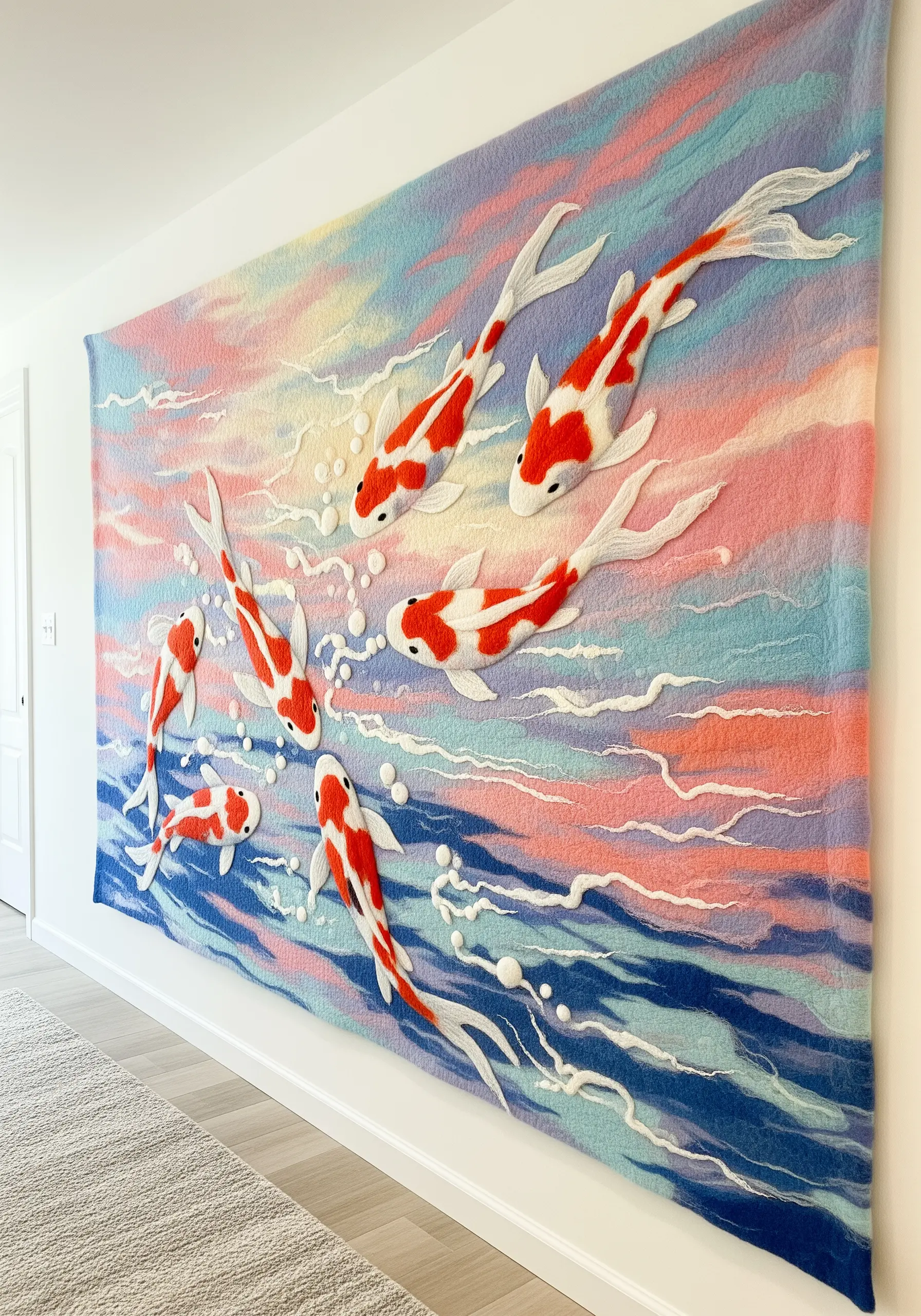 Large needle felted wall art of koi fish swimming in watercolor-style water