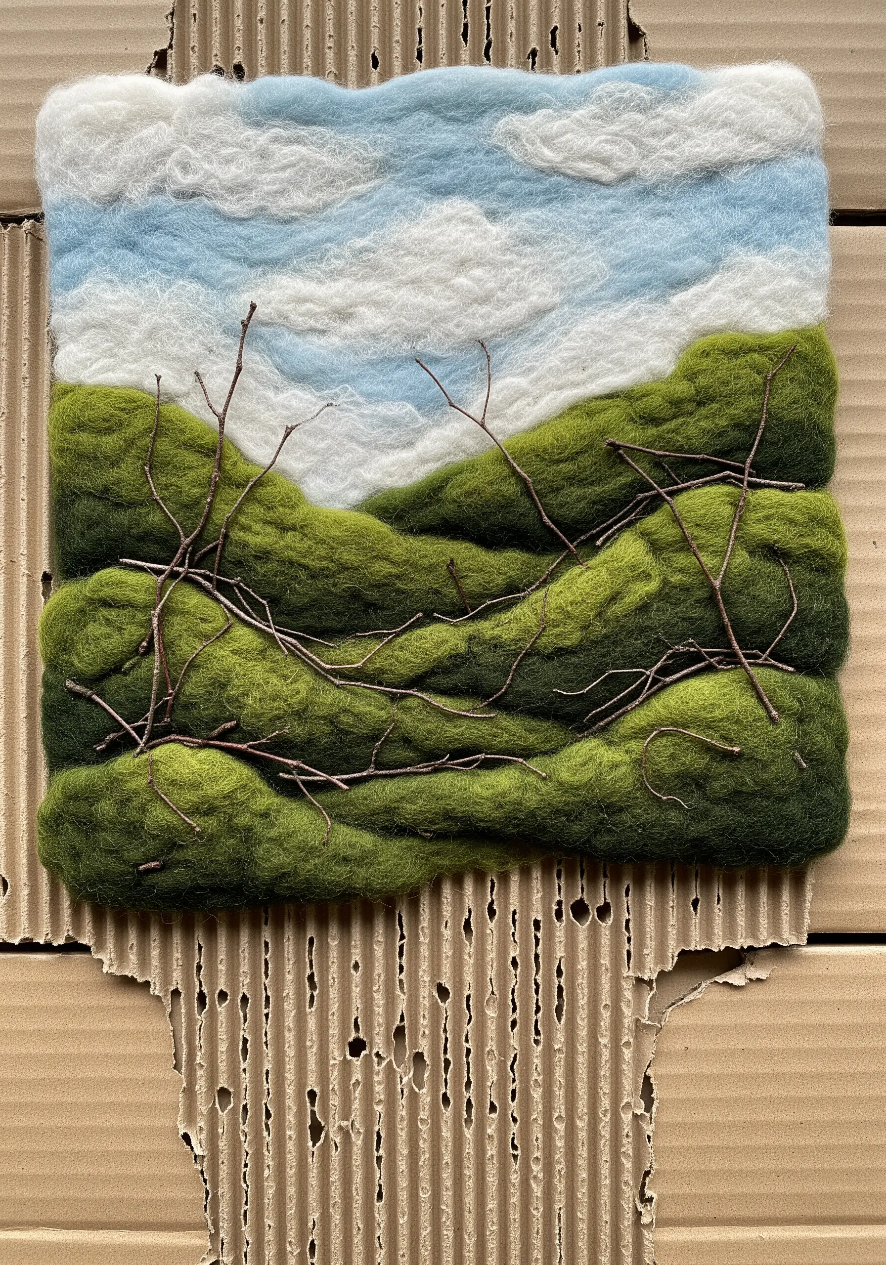Needle felted landscape on corrugated cardboard backing