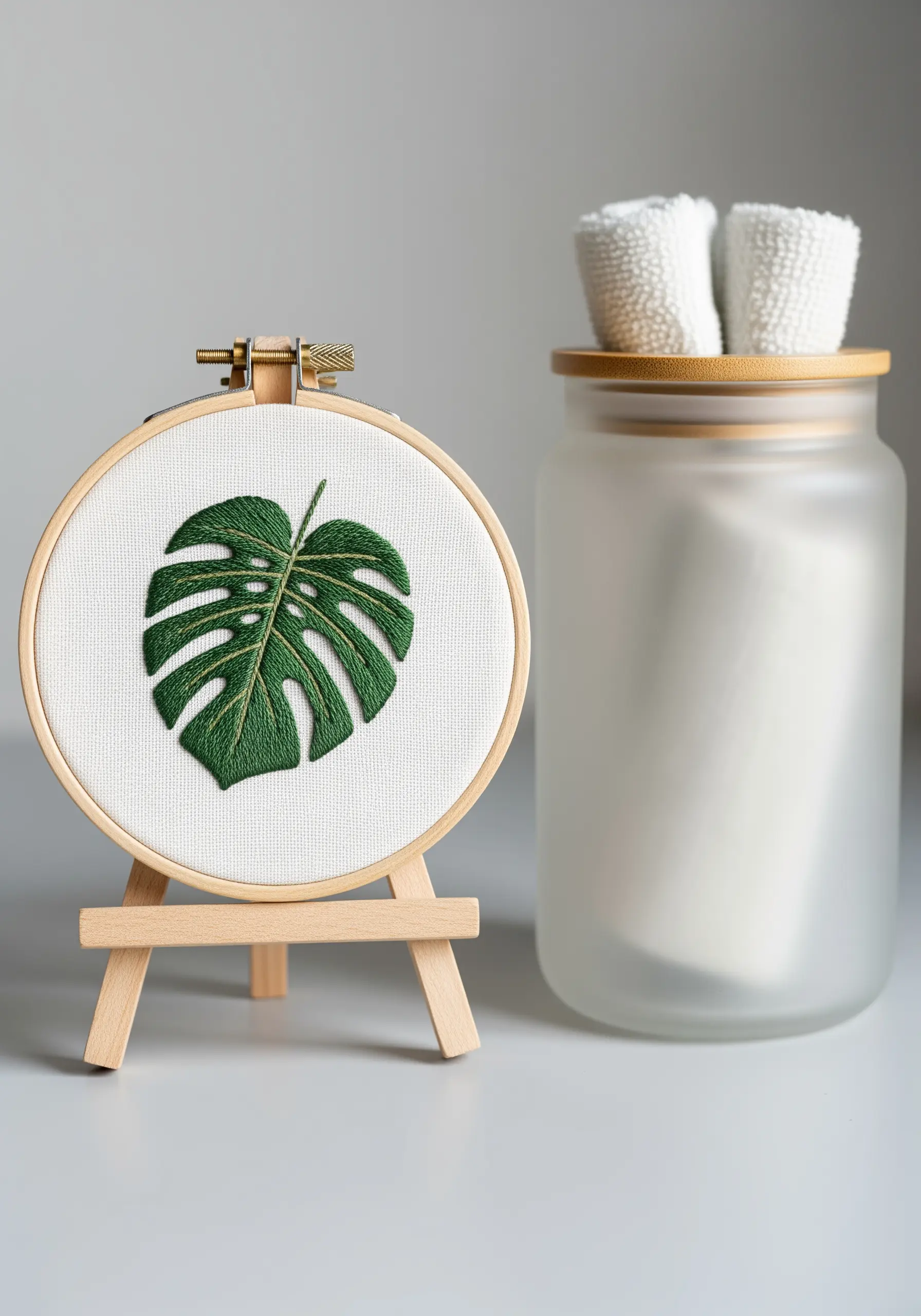 A detailed monstera leaf with satin stitch and negative space cutouts.