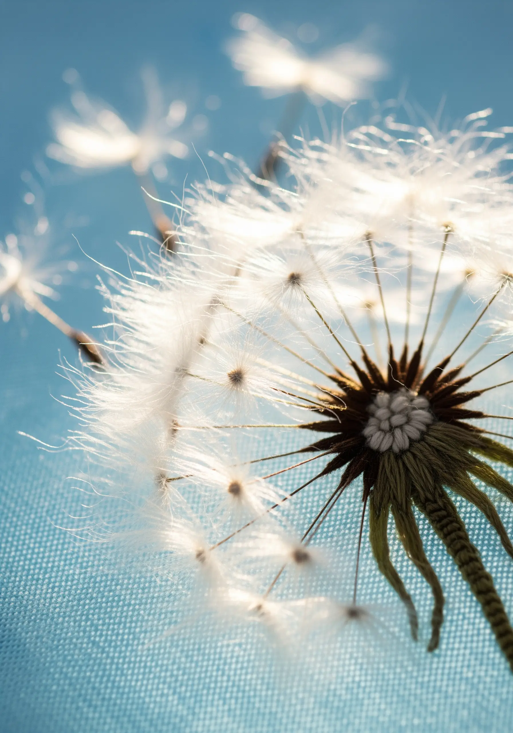 Dandelion seed head embroidery on blue fabric capturing light and movement