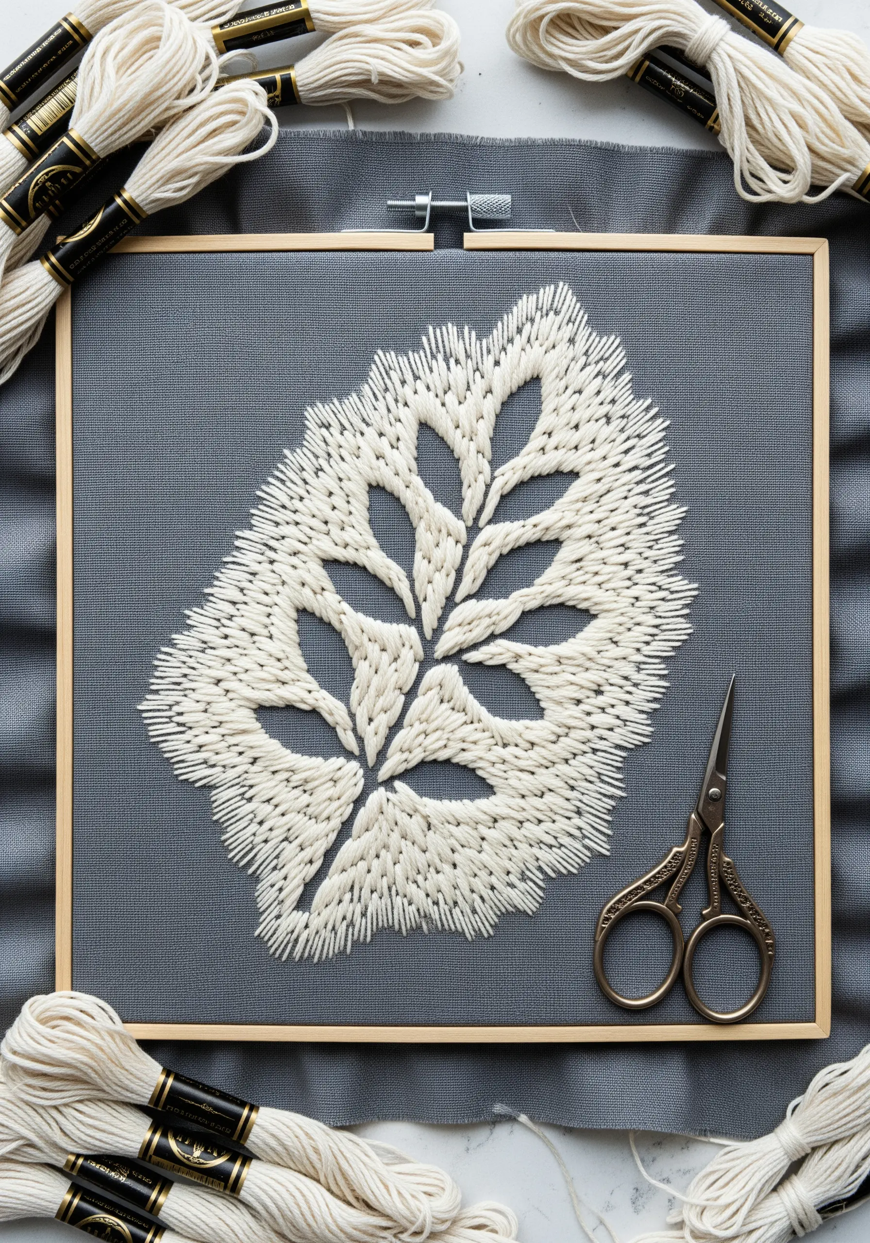 White leaf embroidery using negative space for veins