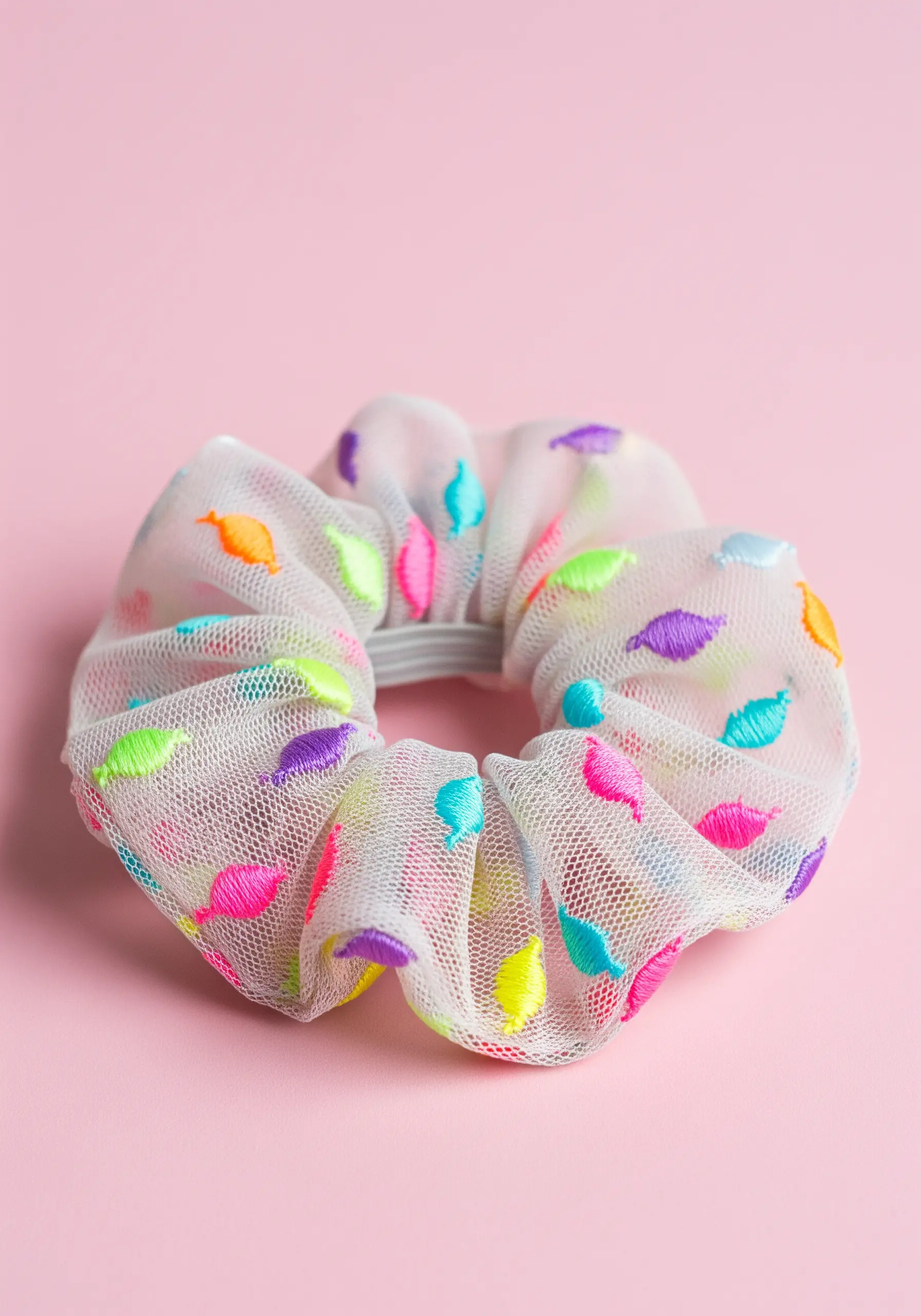 Neon candy shape embroidery on white mesh scrunchie