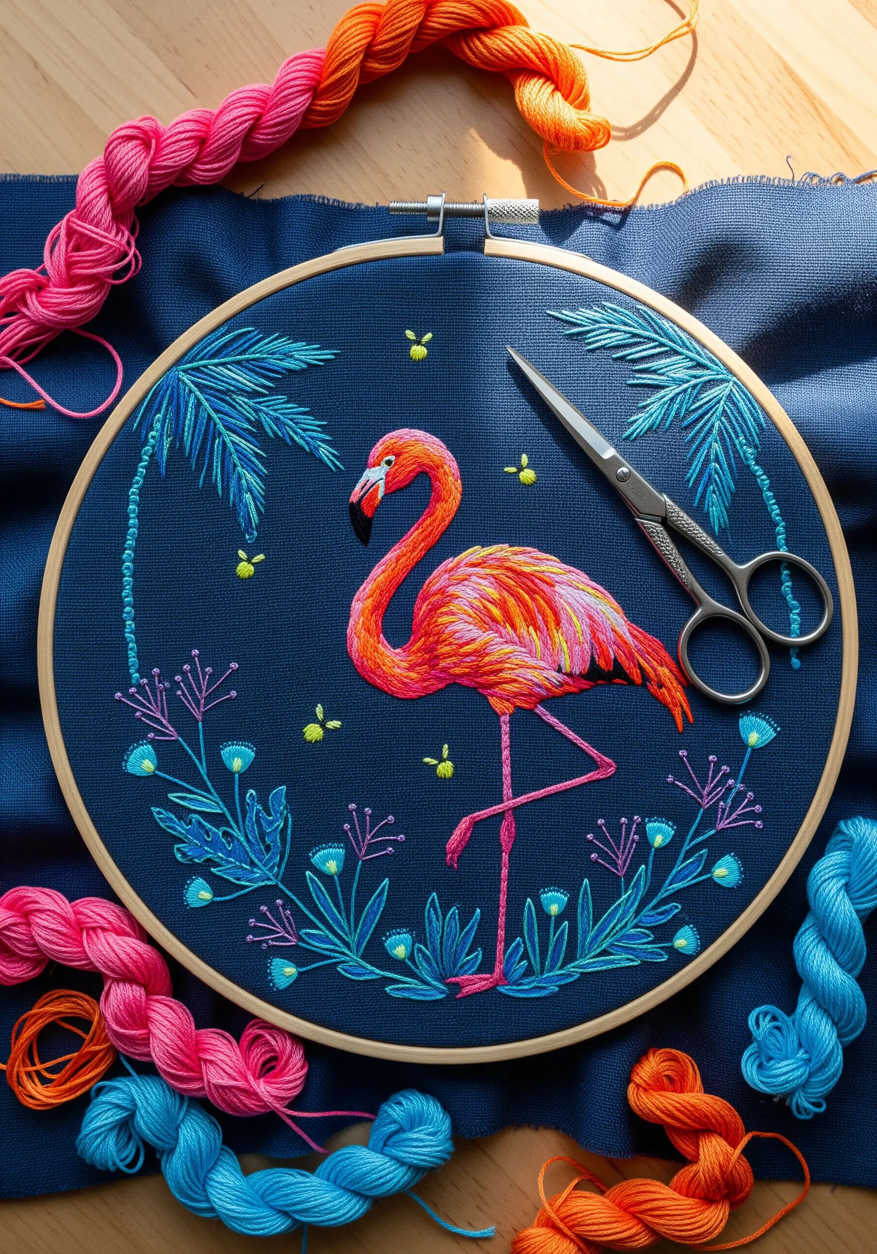 Bright neon flamingo embroidery on dark navy fabric