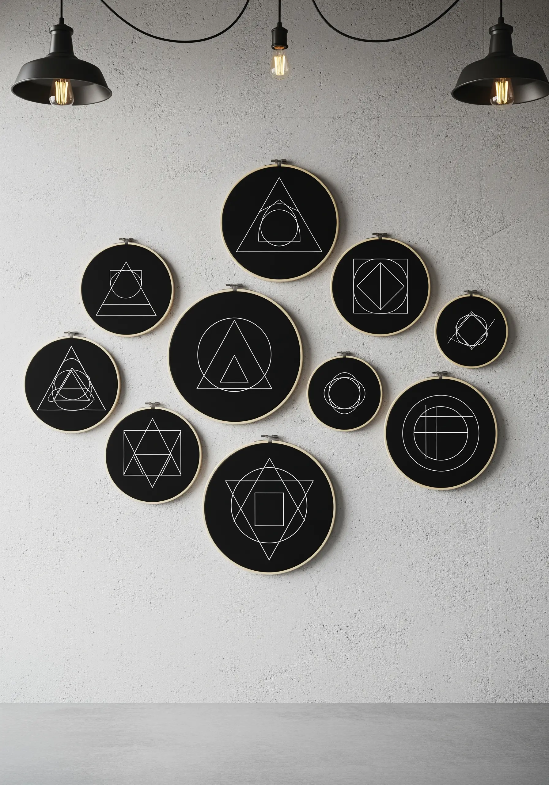 White geometric line embroidery on black circular hoops
