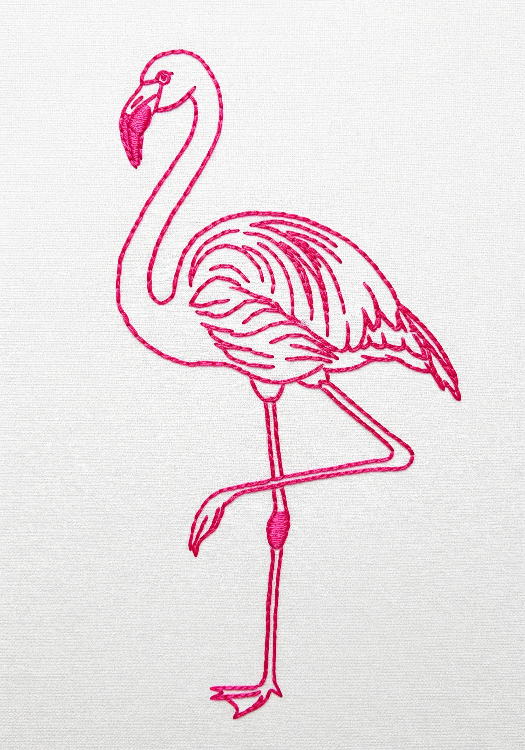 Bright pink flamingo embroidery with open line work on the body
