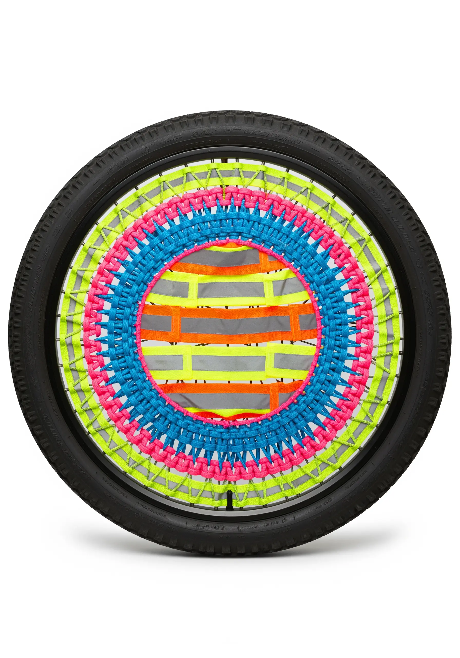 Bicycle wheel woven with neon pink, blue, and yellow cord
