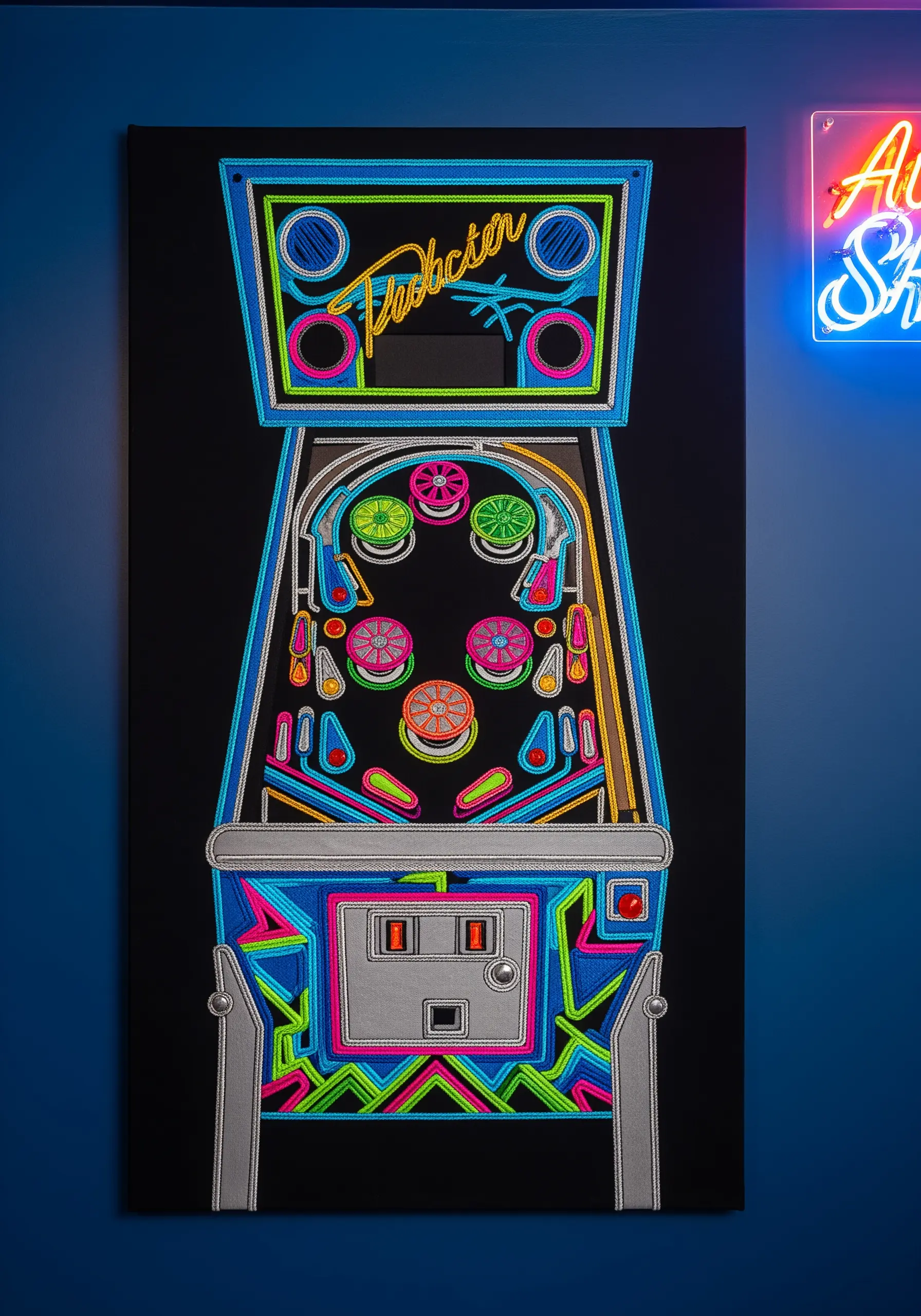 An embroidered pinball machine using bright neon and silver metallic threads on black fabric.