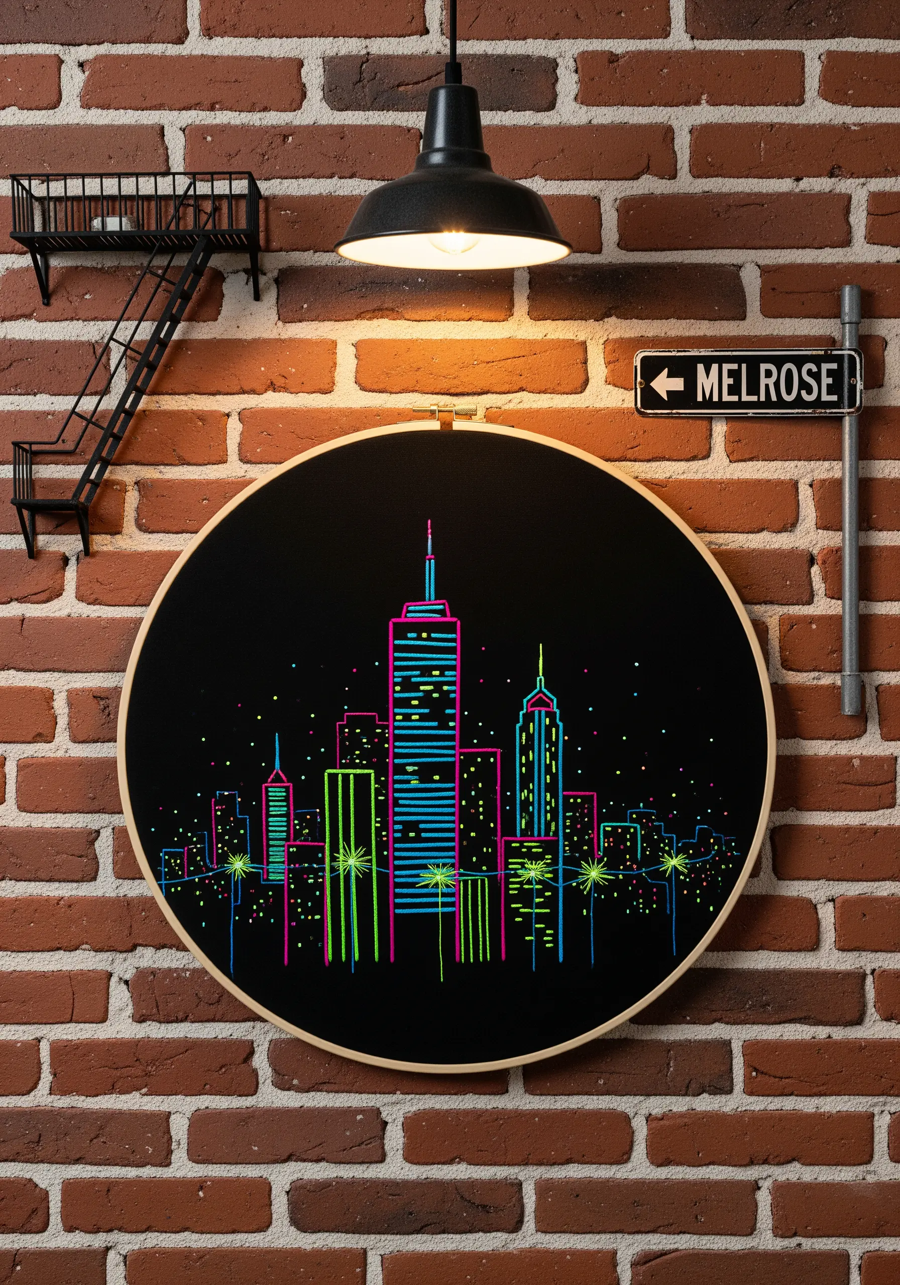 Neon city skyline embroidery on black fabric