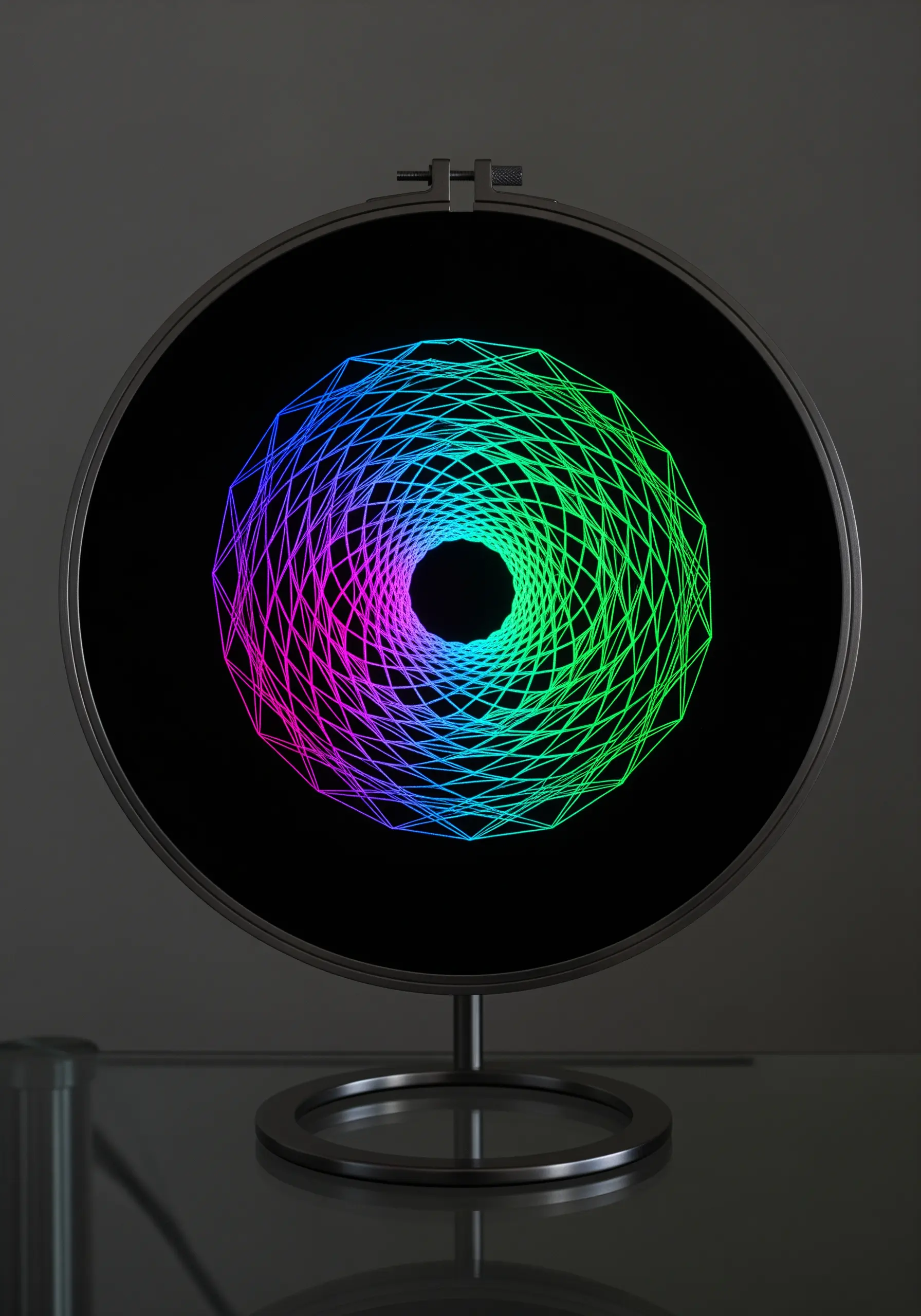 Neon geometric string art embroidery on black fabric