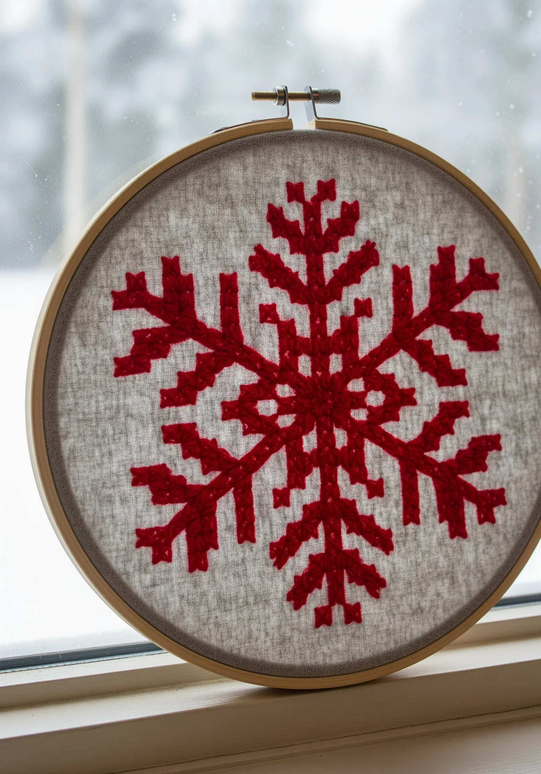 Grey hoop with a large red geometric snowflake pattern stitched in yarn