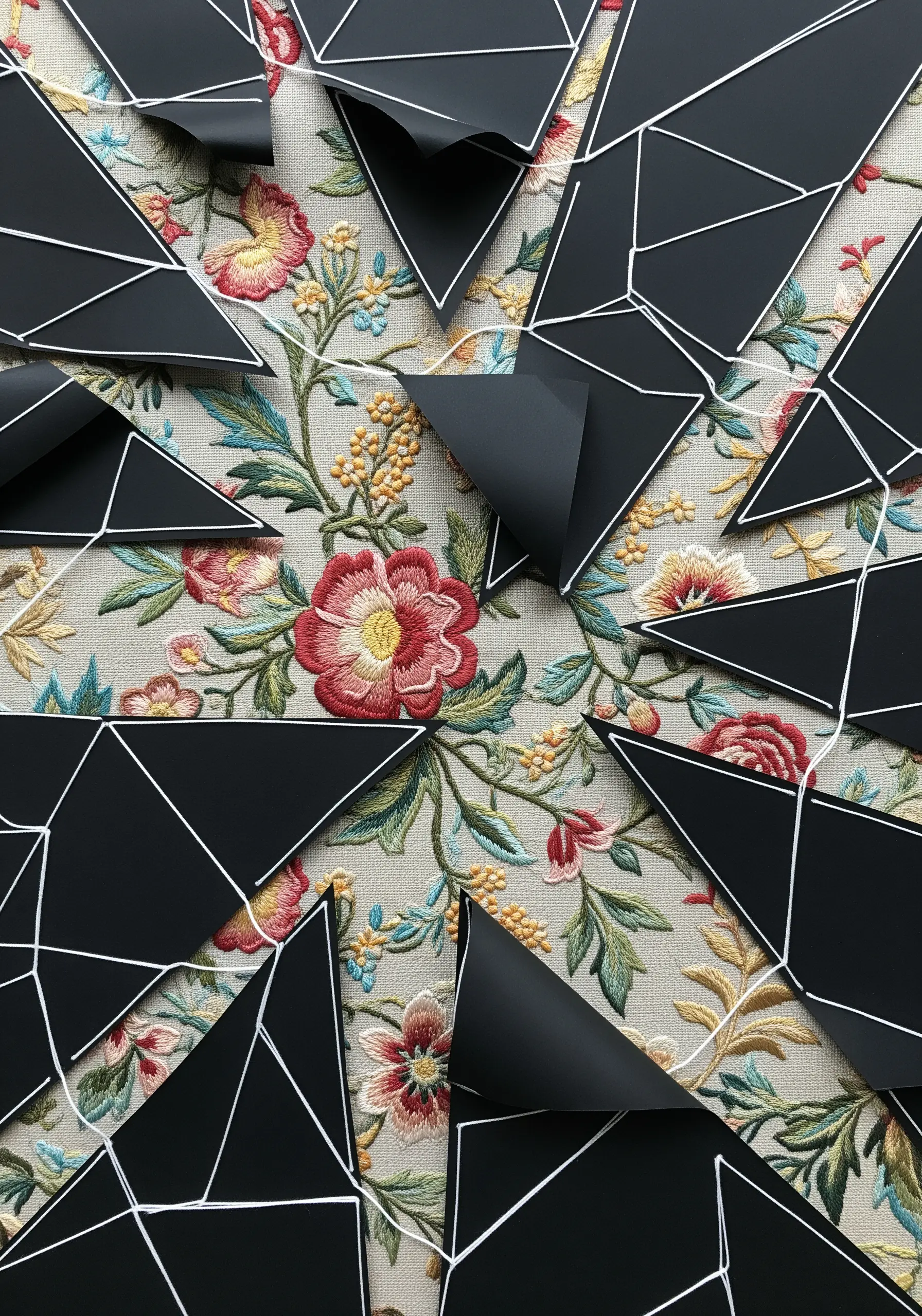 A traditional floral embroidery is partially covered by a network of black paper triangles and white thread.